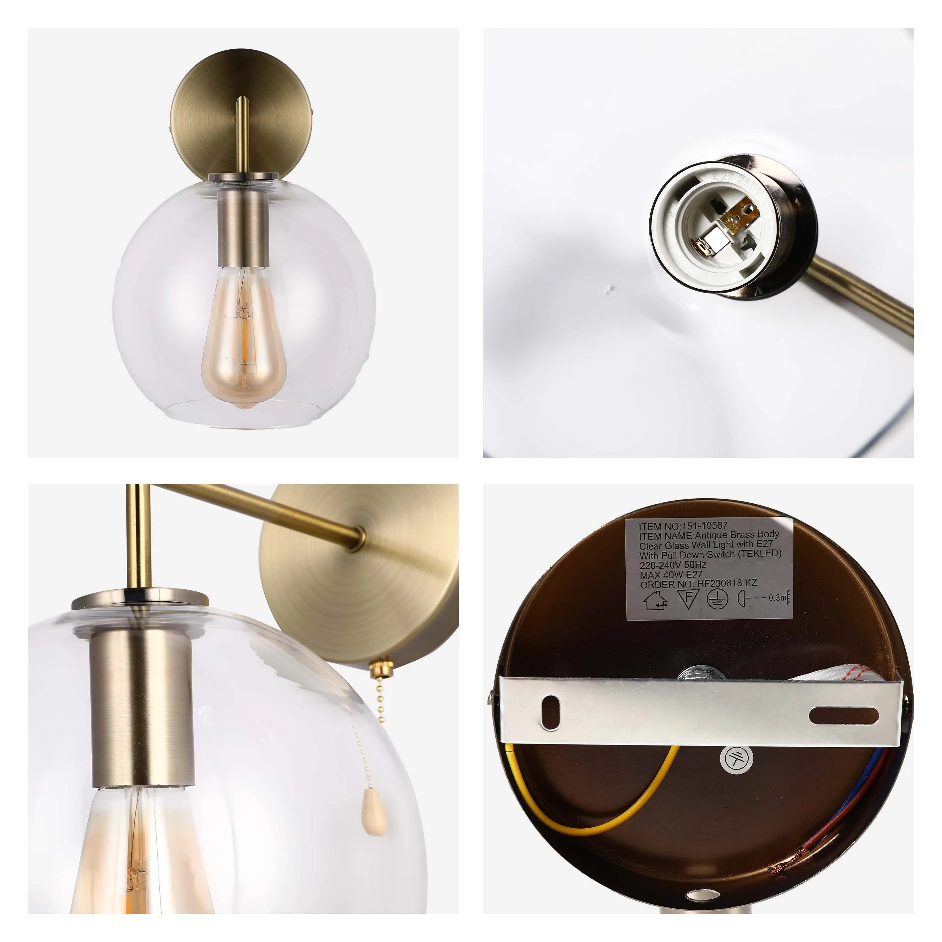 Antique brass wall light. Clear glass shade with E27 fitting and pull down switch. Modern, stylish lighting for any room.