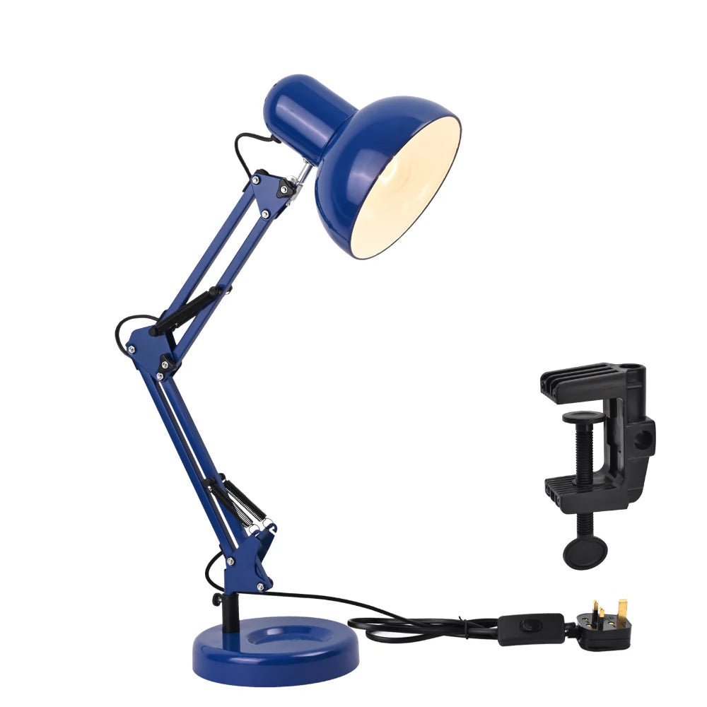 A blue adjustable desk lamp with a matching base and a black clamp attachment.