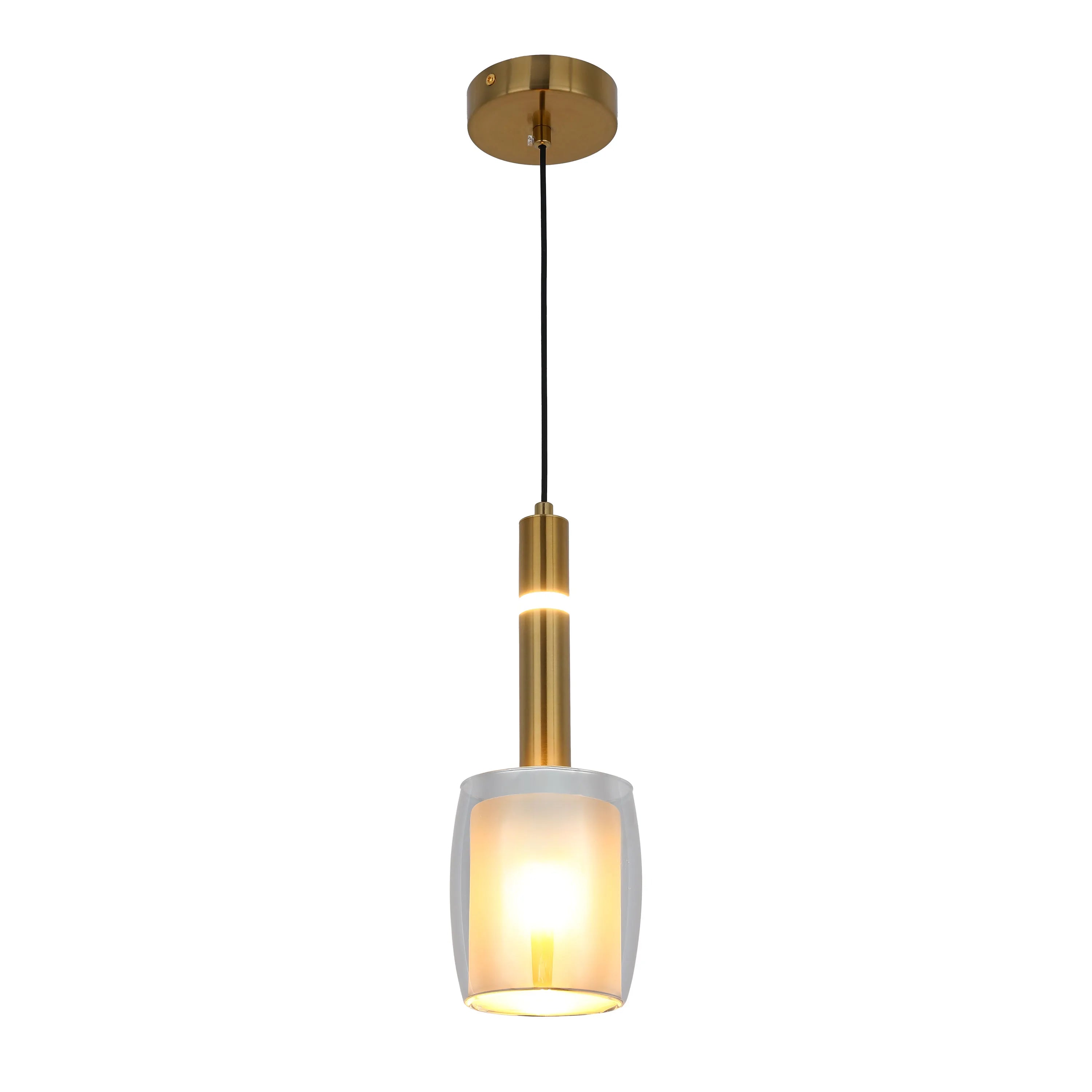 A modern, brushed gold pendant light with a glass shade, casting a warm glow. Contemporary design for stylish spaces.