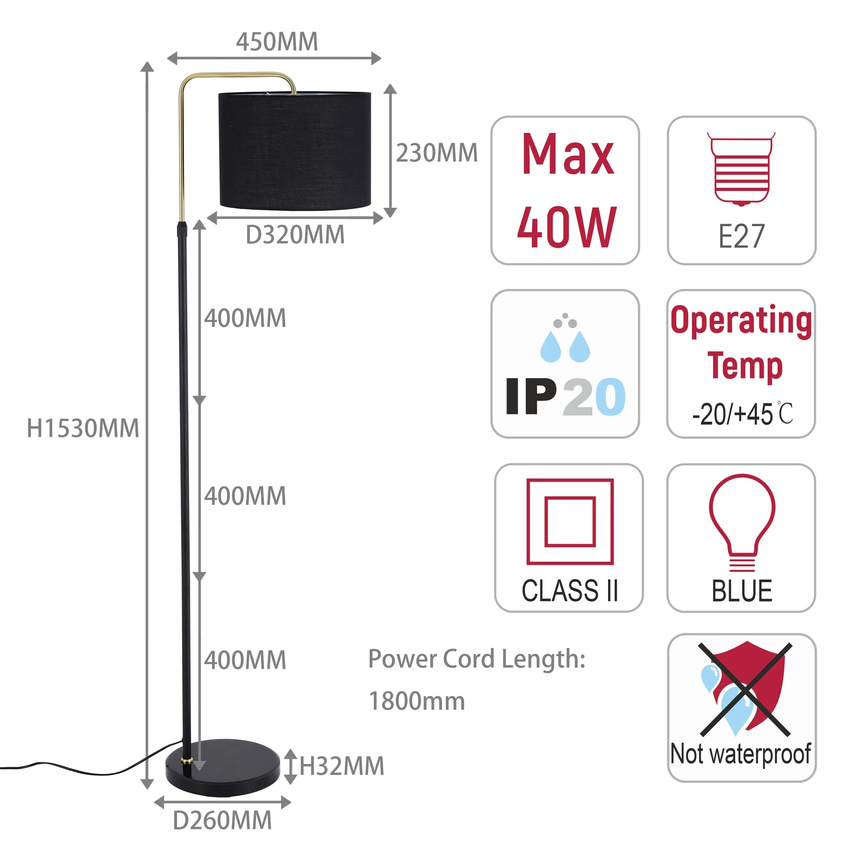 A tall floor lamp with a black shade, gold arm and black pole on a round base. Shows measurements and specifications.