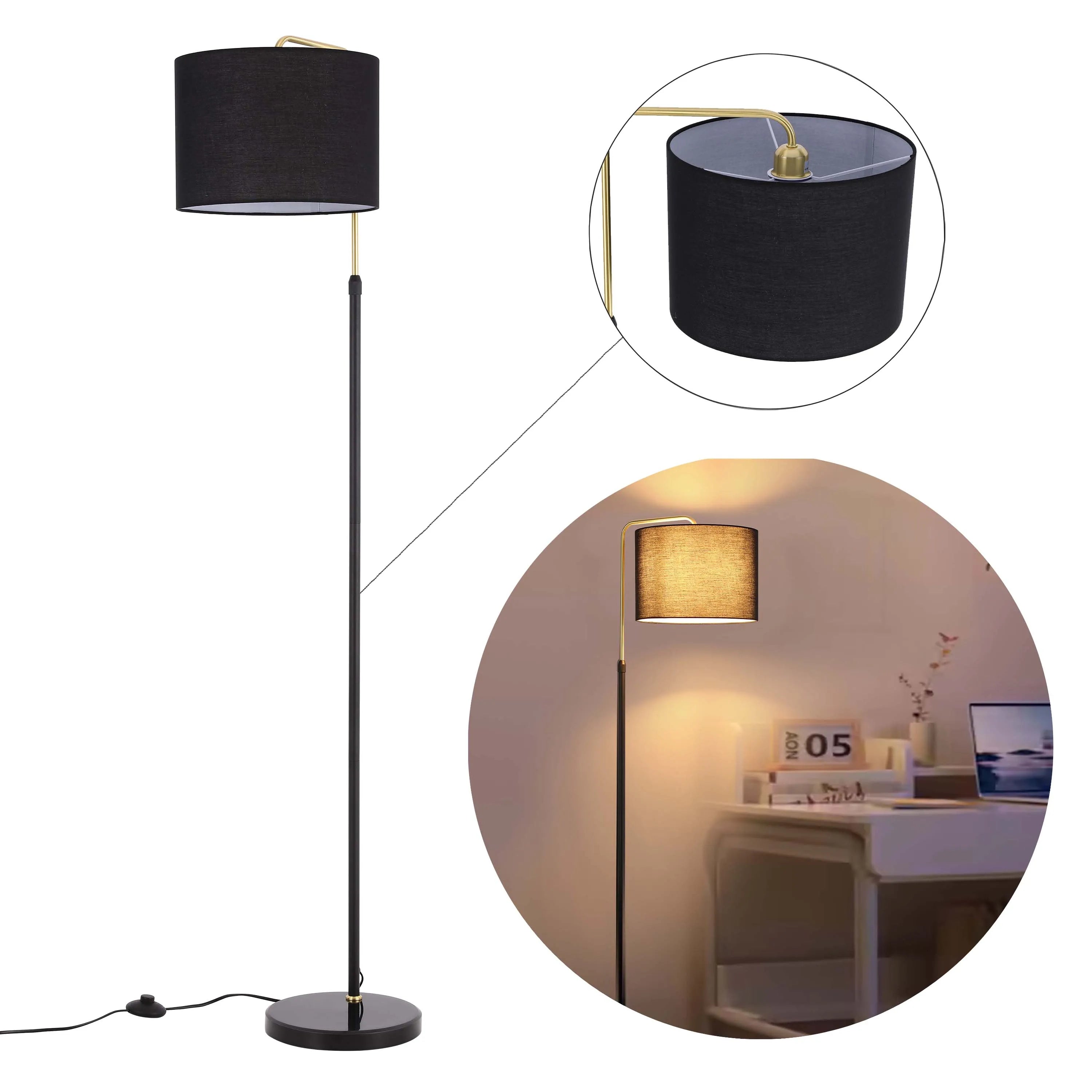 A stylish floor lamp with a black lampshade and black stand. Offers a warm glow for any room.