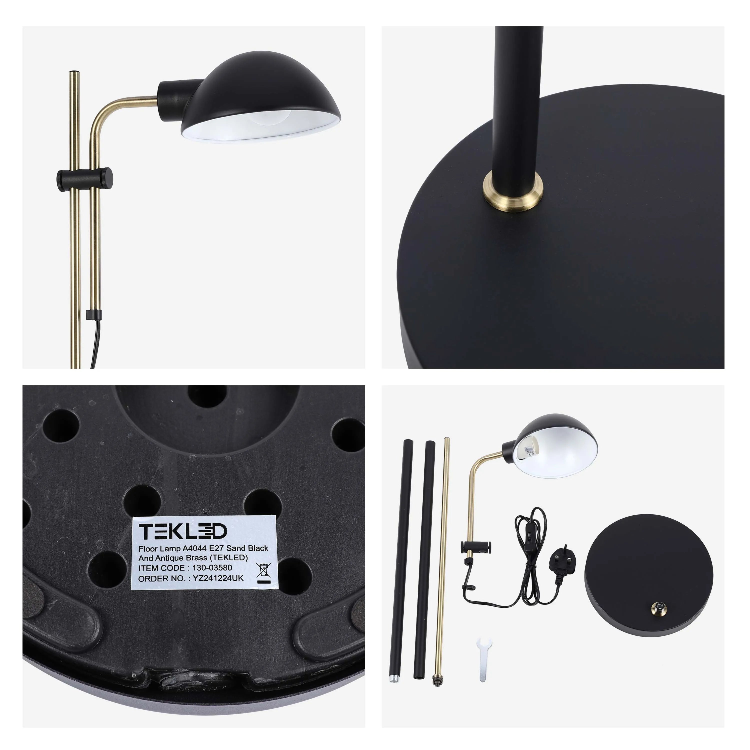 Sand black and antique brass floor lamp with a domed head and adjustable arm. Parts laid out for assembly.