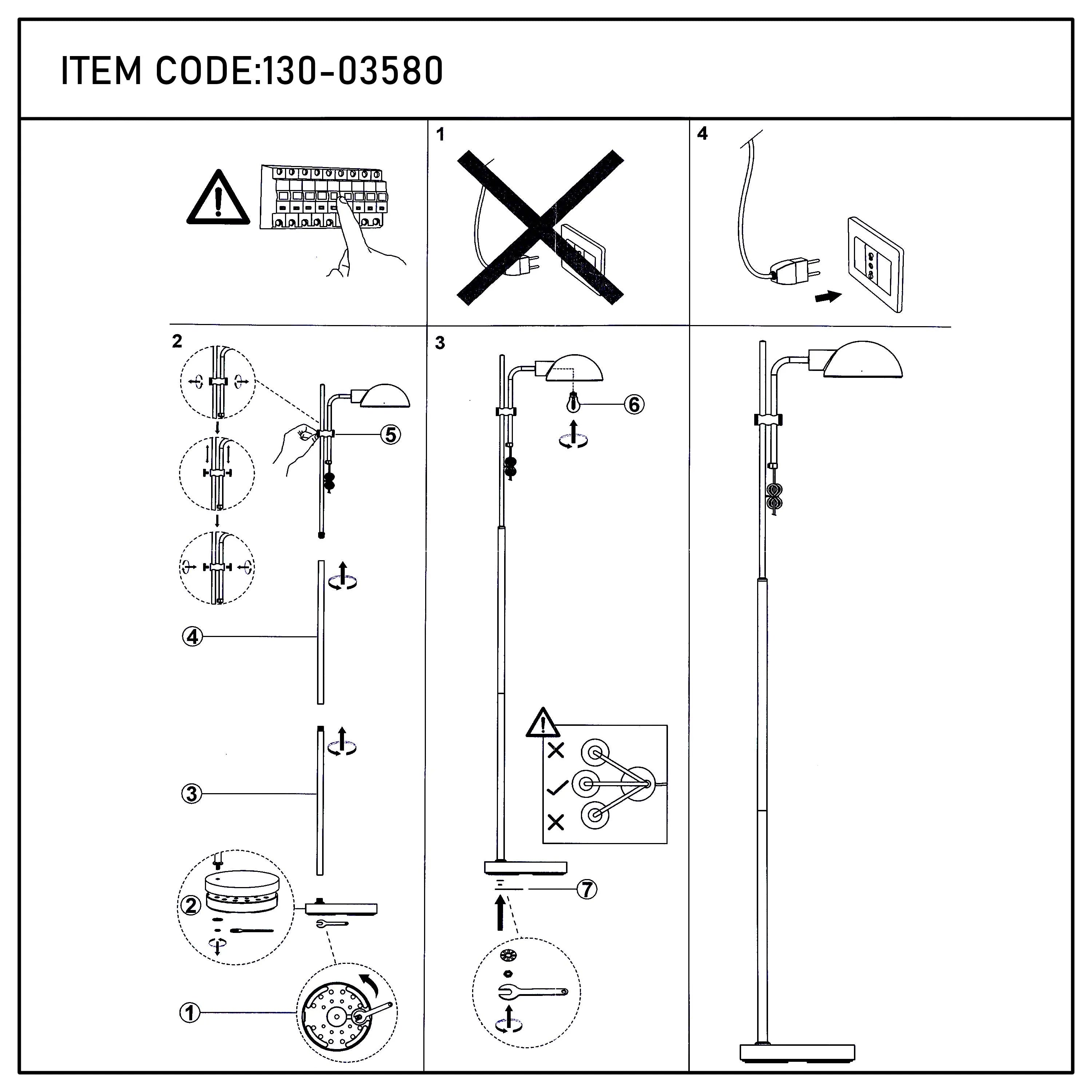 Assembly instructions for a floor lamp with a domed shade. Includes diagrams and warnings. Assembly required.