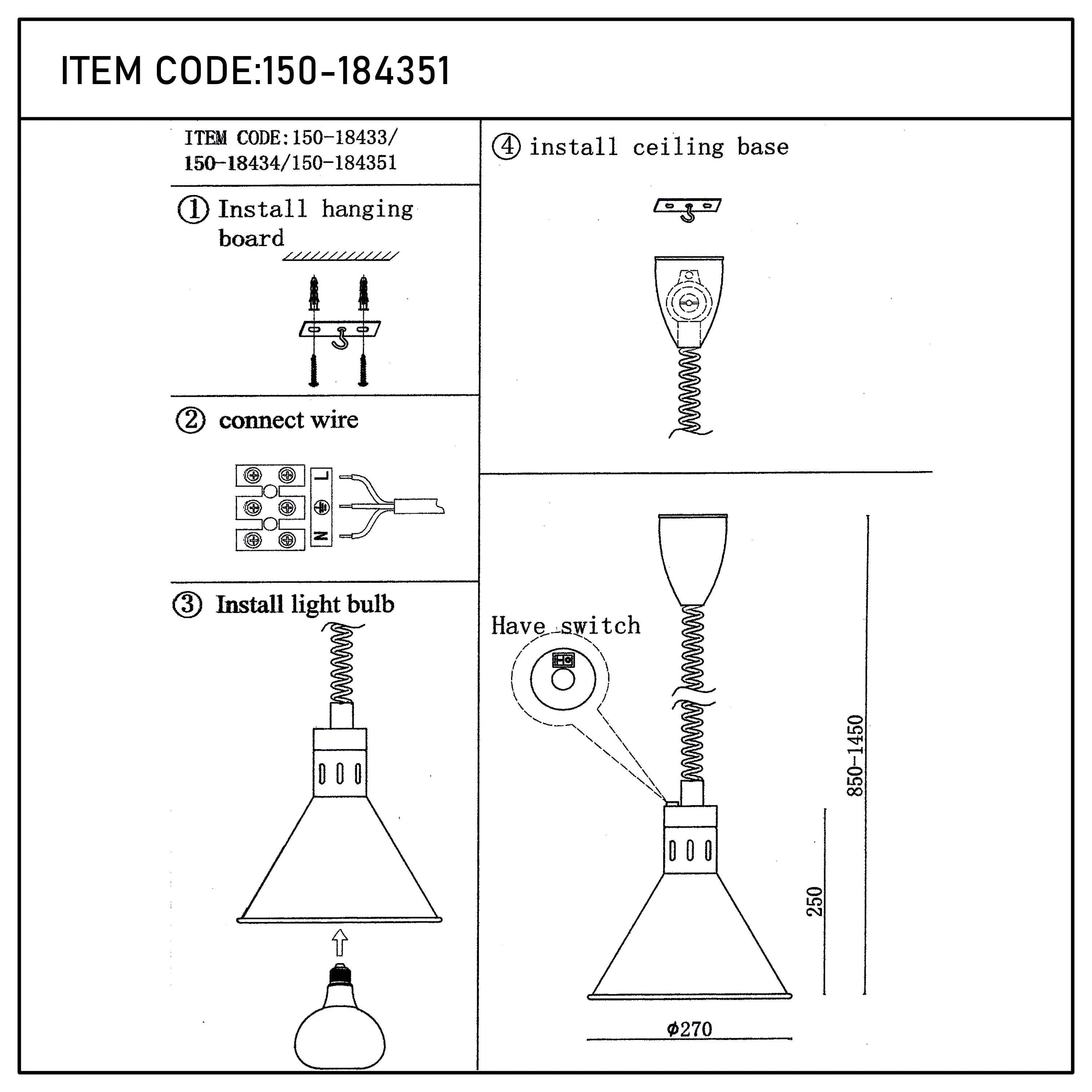 Pendant light installation guide; hanging board, wiring, bulb, and ceiling base depicted in steps.