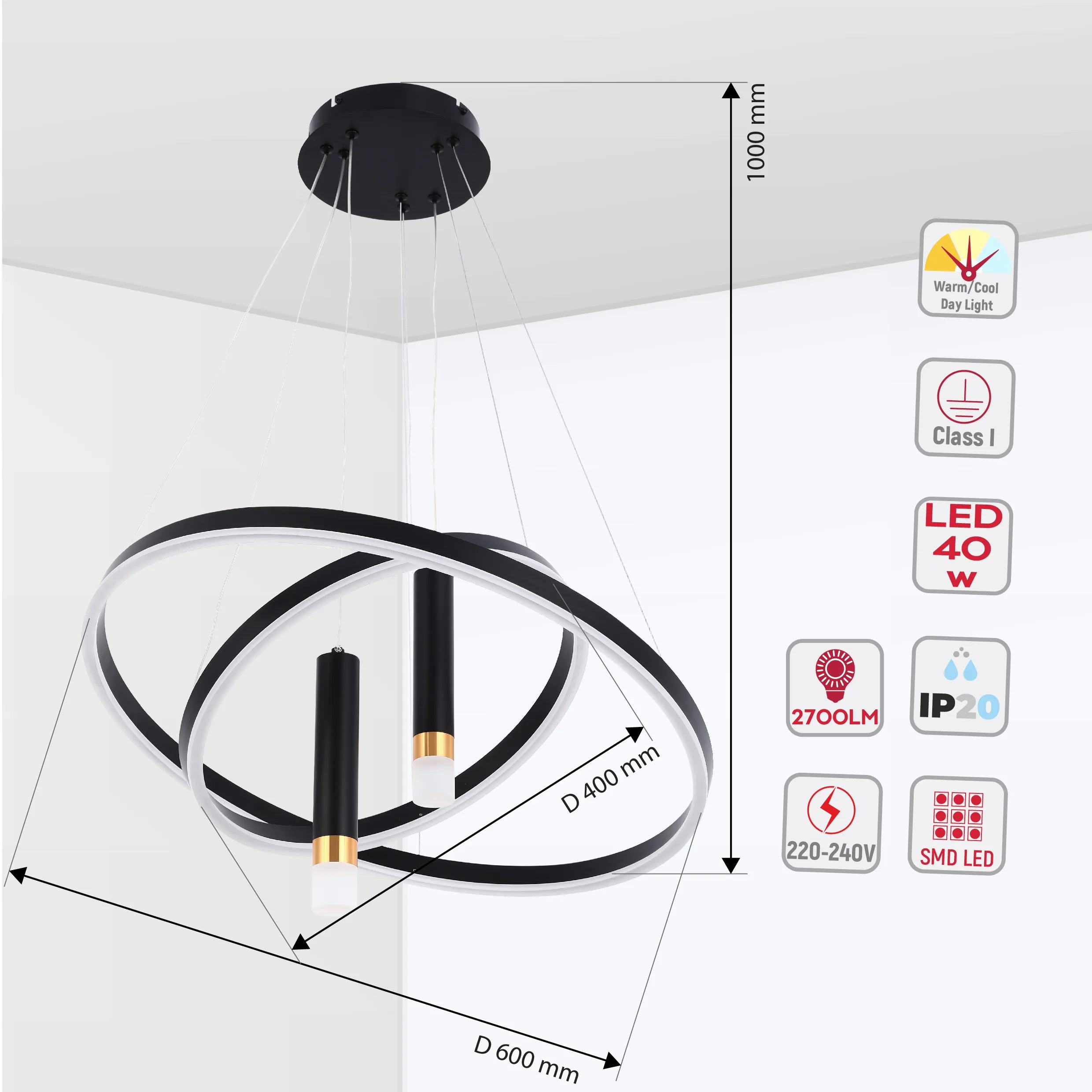 A modern LED pendant light with two rings and cylindrical diffusers, showcasing its size and technical specifications.