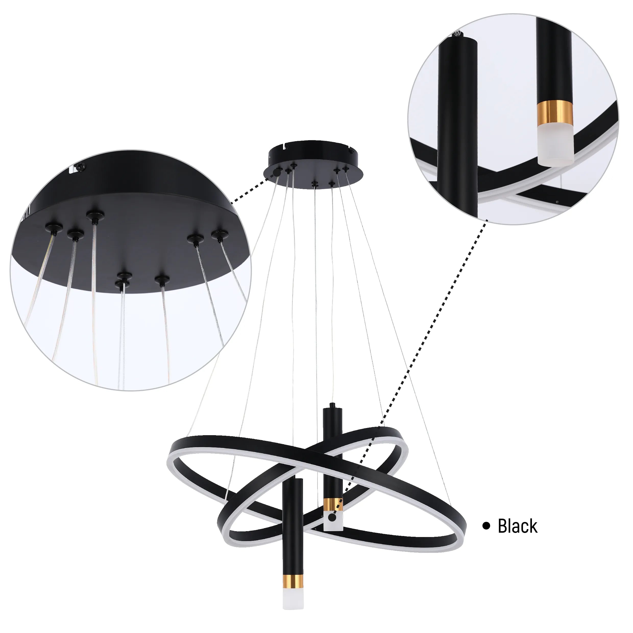 A modern, black ring chandelier with integrated LED lighting, suspended by multiple cables. Contemporary style for ambient illumination.