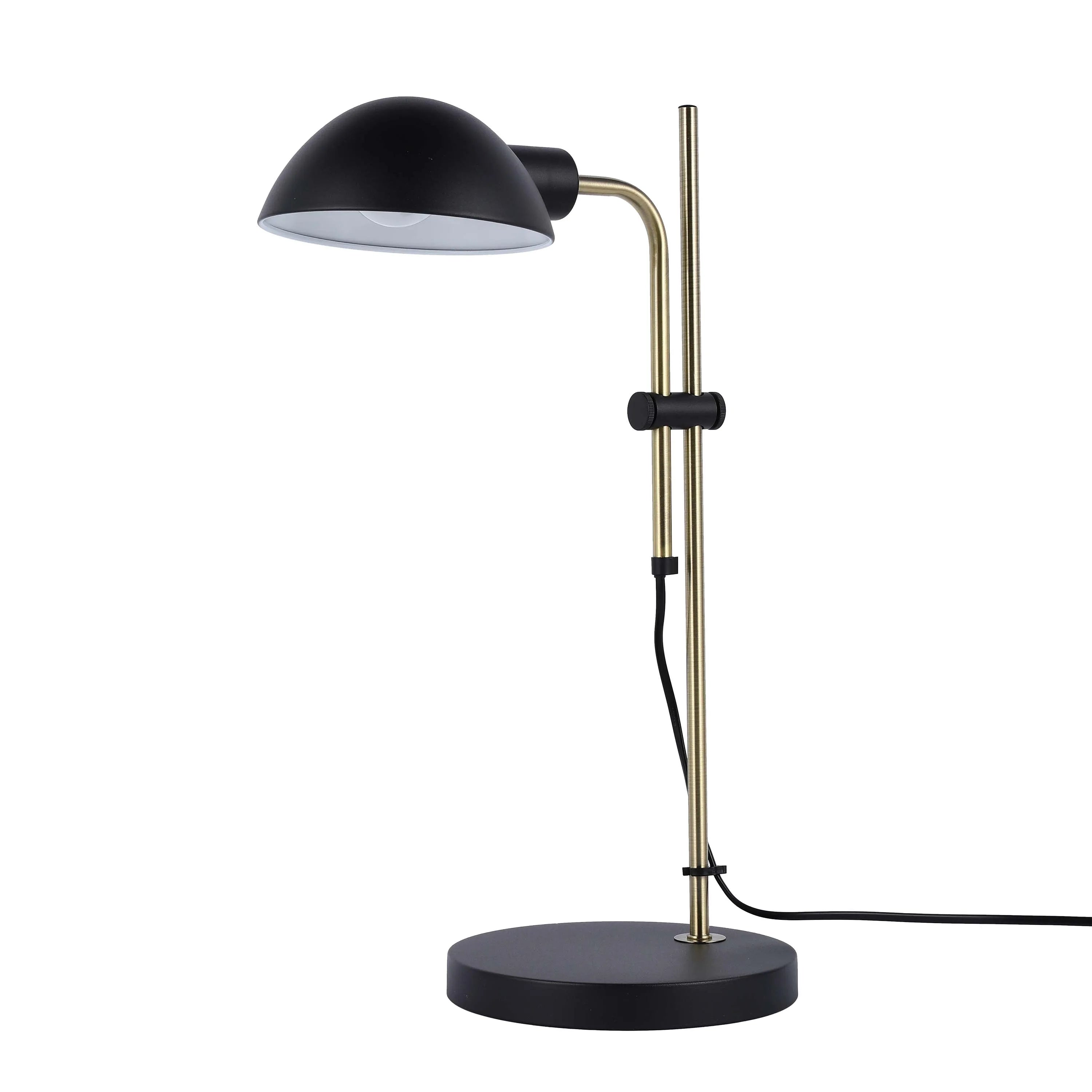 Modern desk lamp with a sleek black shade and gold-tone stand. A contemporary lighting choice for any home or office setting.
