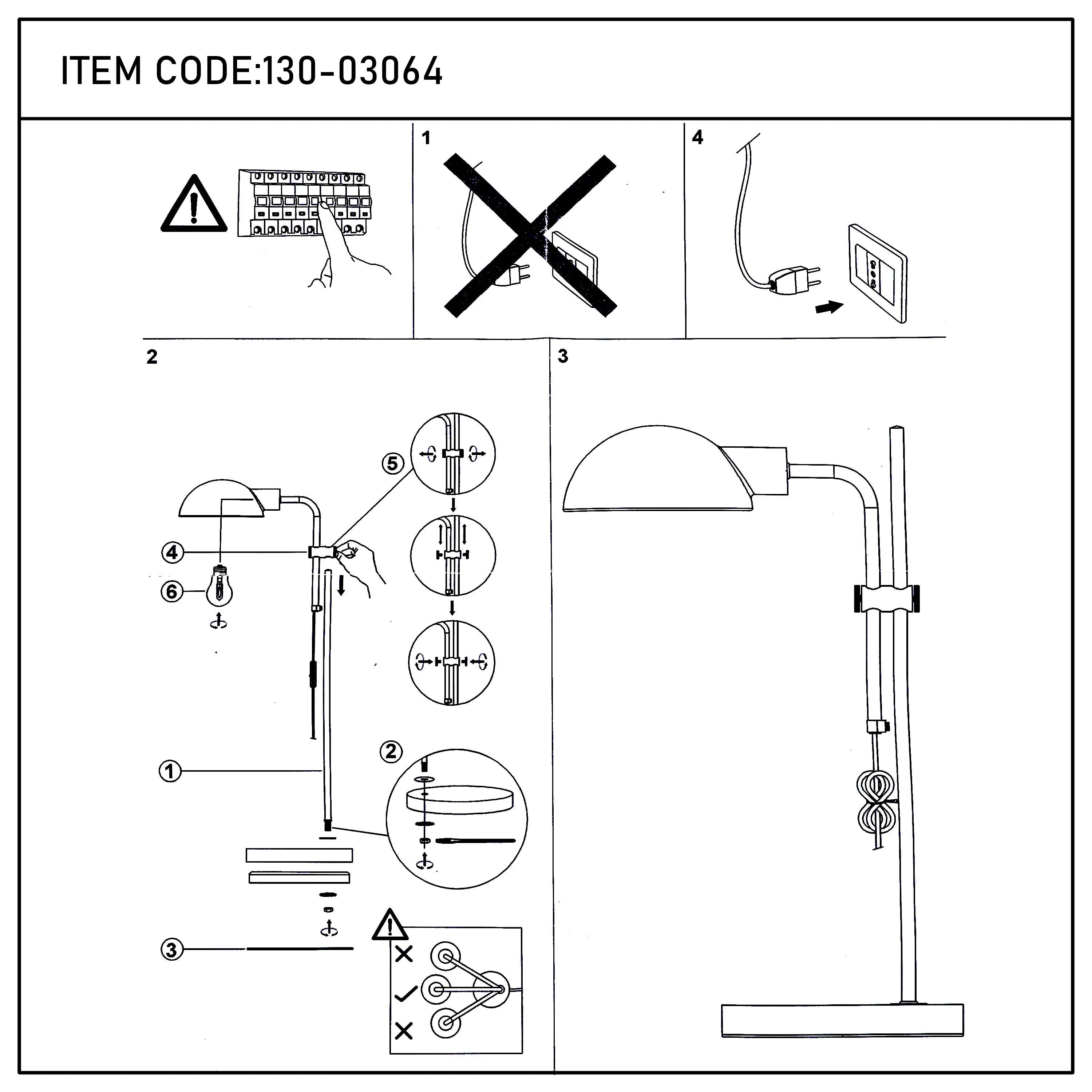 A line drawing depicting the steps to assemble a lamp and warnings. The text at the top says, 'ITEM CODE:130-03064'.
