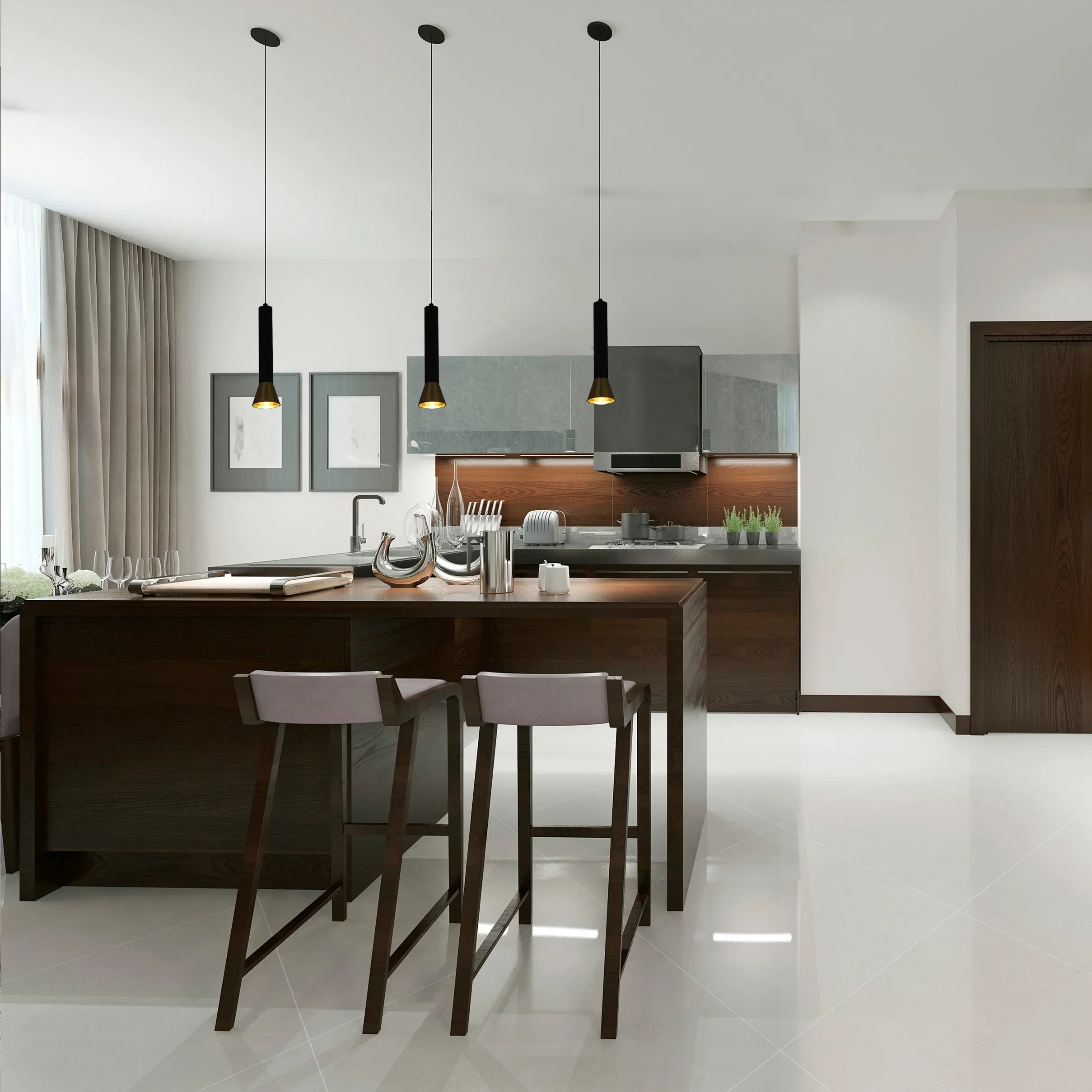 Modern kitchen lighting featuring three pendant lights hanging above a dark wood kitchen island and breakfast bar.