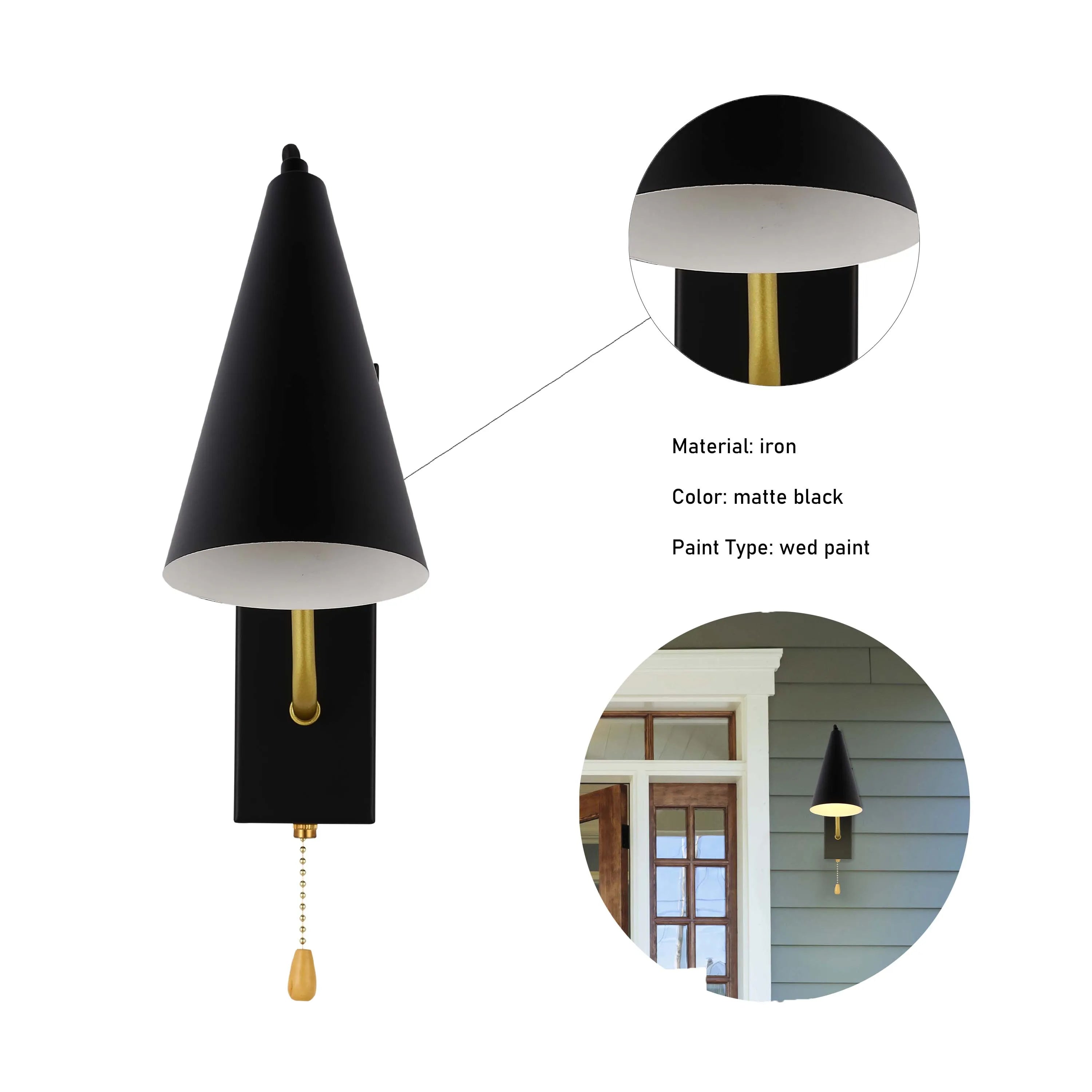 A black, cone-shaped wall light with a golden pull chain, showcasing a modern and minimalist design.