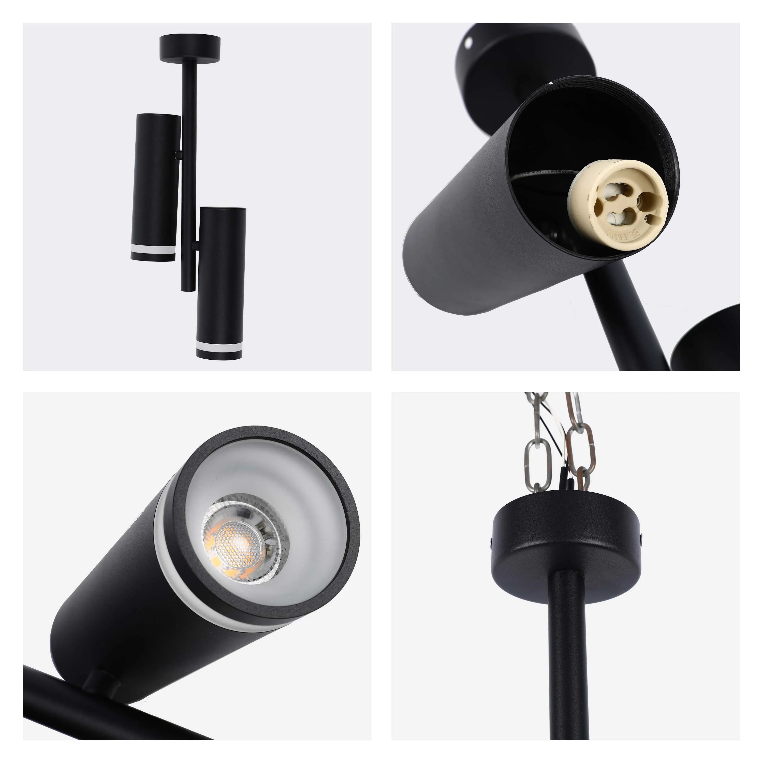 Black cylinder ceiling light with three spotlights, with close-ups showing bulb and chain.