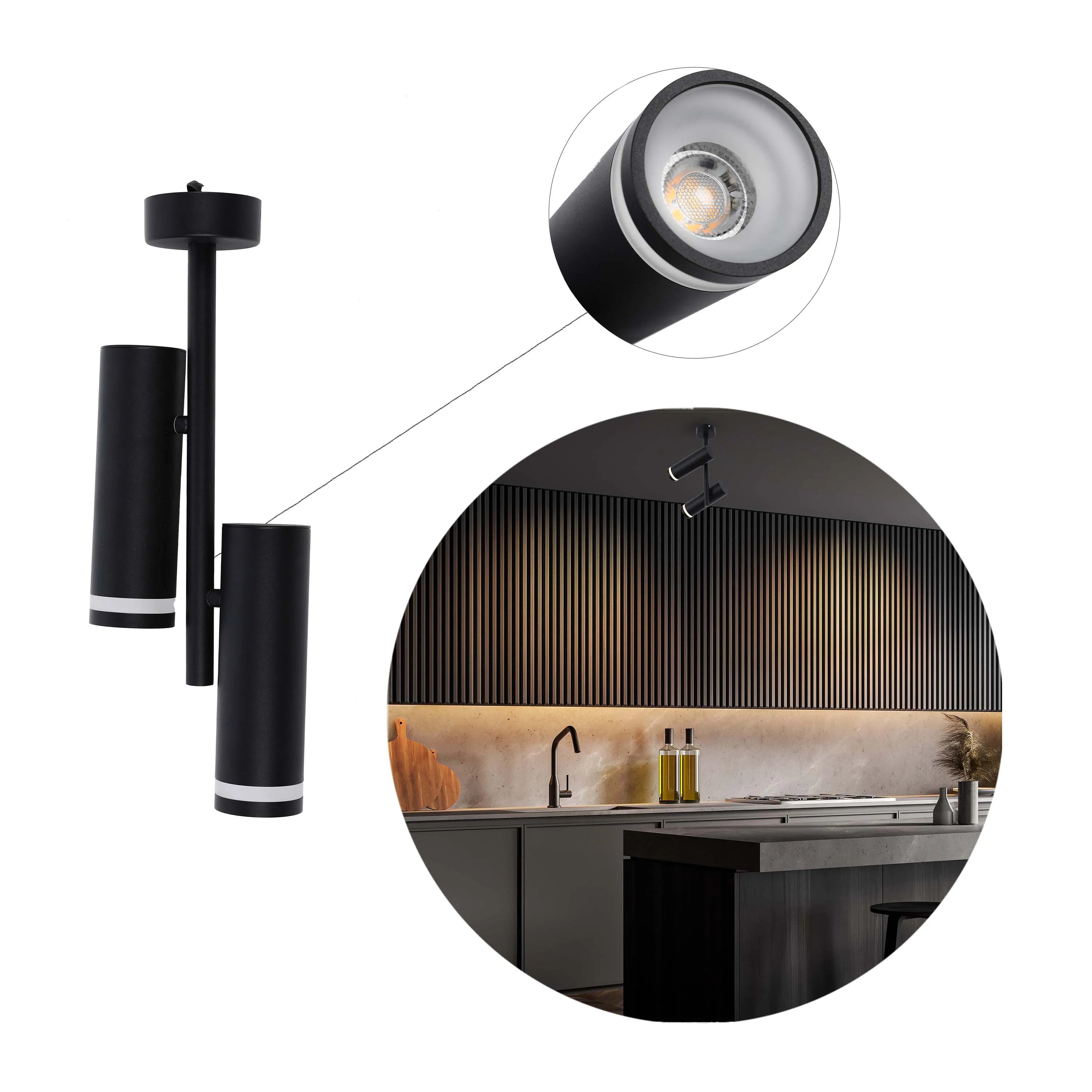 Contemporary black pendant lighting with cylindrical shades and built-in LED, casting a modern glow over a kitchen area.