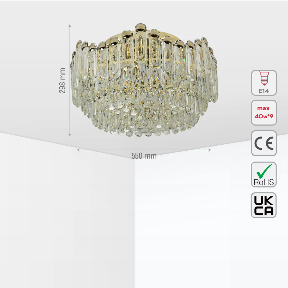 Size and tech specs of Cascade Crystal Flush Chandelier Ceiling Light | TEKLED 159-18065