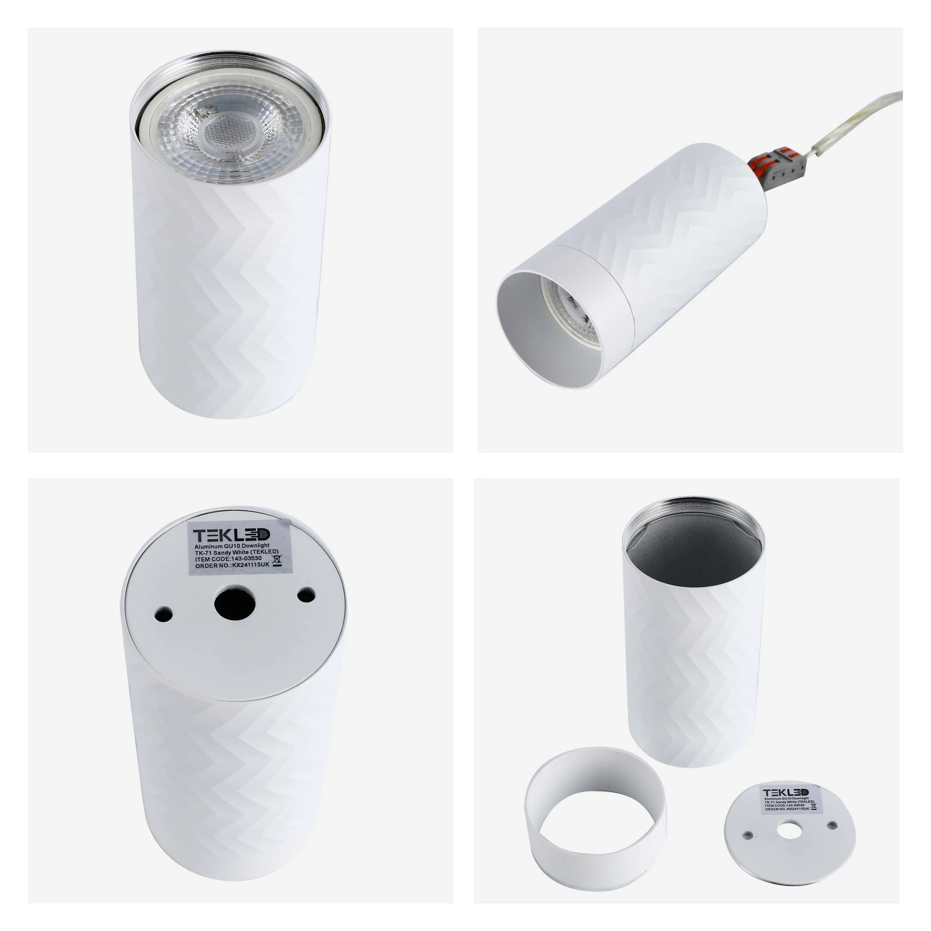 A modern, white cylindrical downlight with a subtle chevron pattern, showcasing various angles and components.