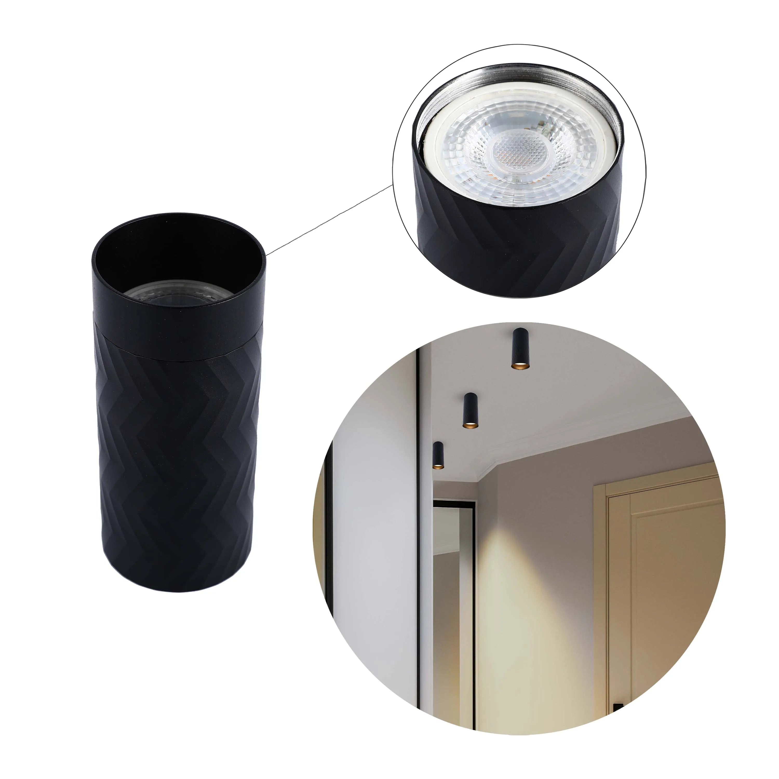 Modern black cylinder downlights with a sleek design. Creates a minimalist, stylish ambience.