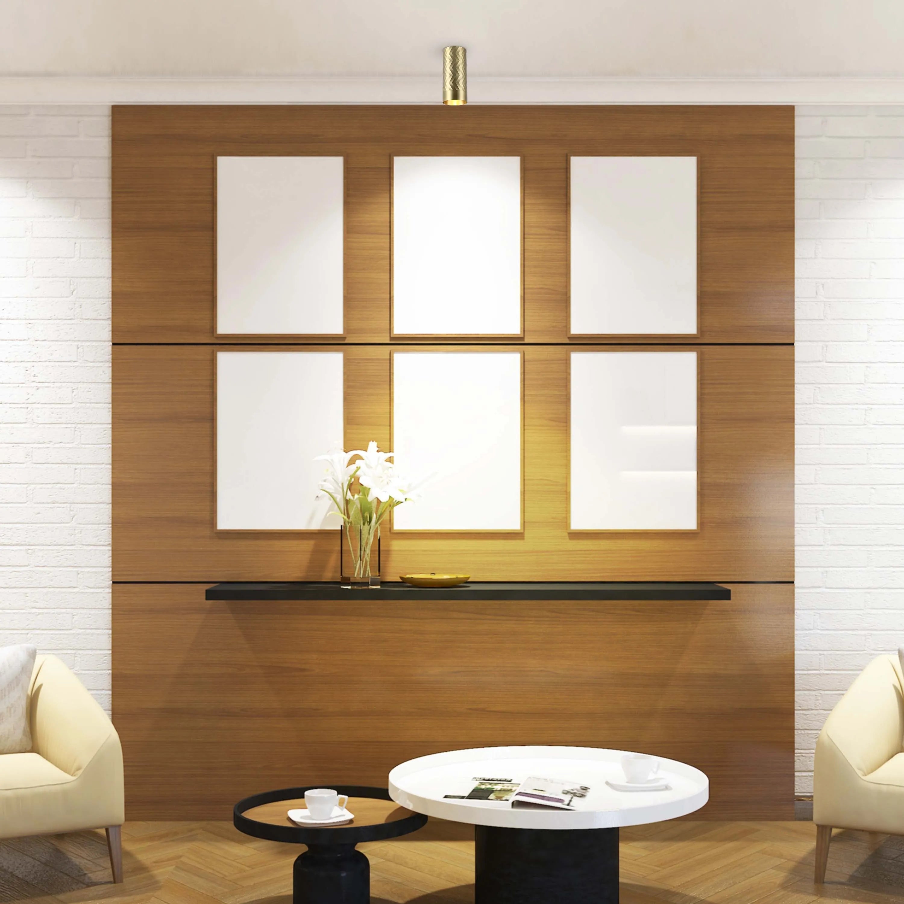 A gold-toned ceiling light illuminates a room with a feature wall, showcasing art and a shelf with decorative items.