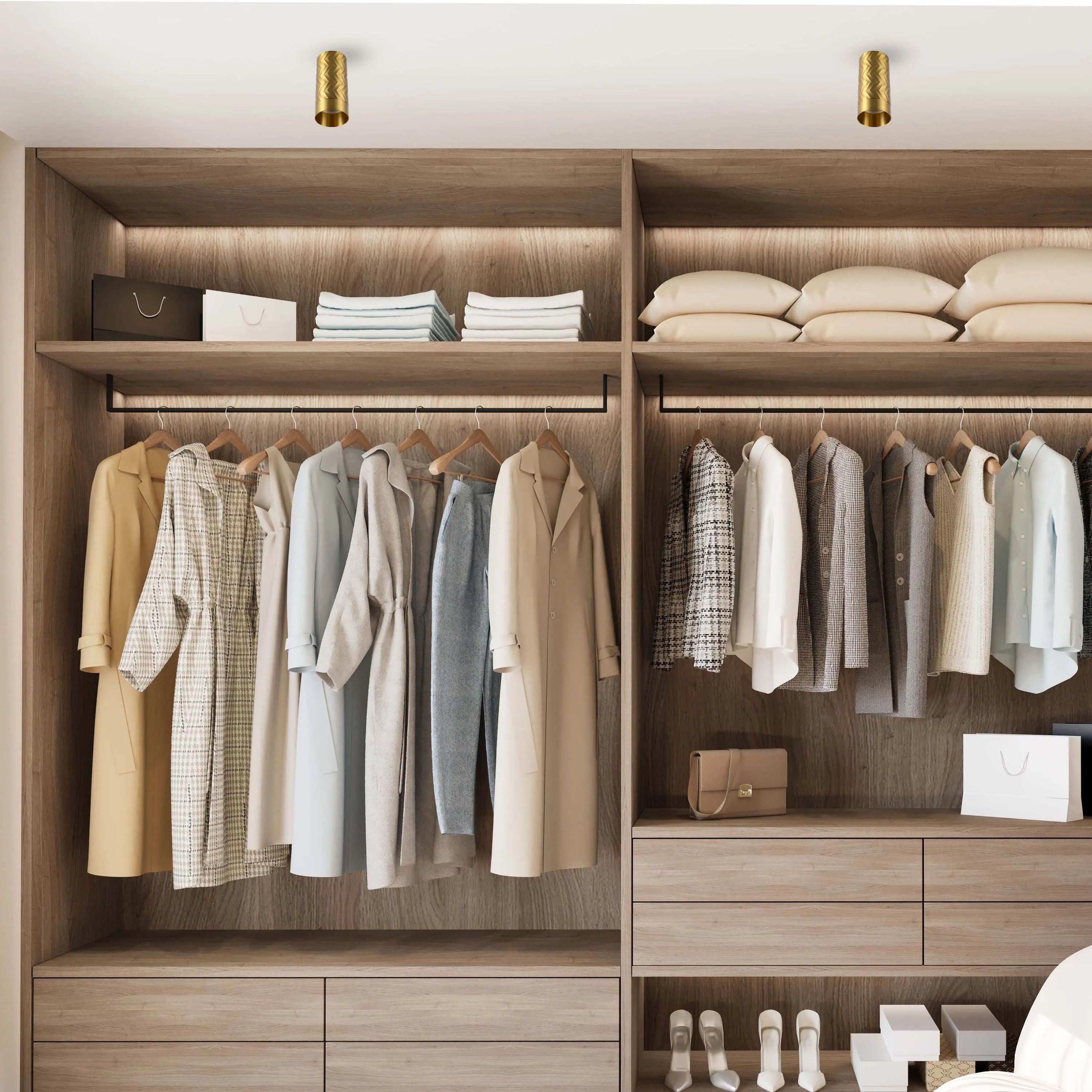 Built-in wardrobe lighting features two gold, patterned ceiling lights, highlighting the clothes and storage within.