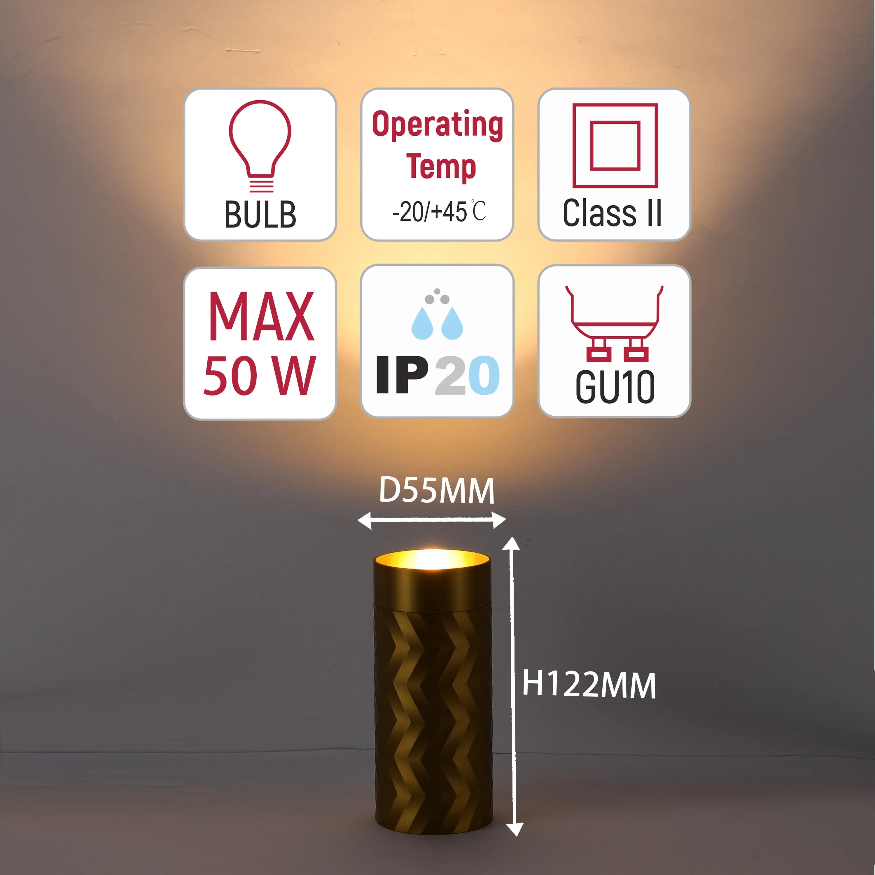 Product information showcasing bulb type, max wattage, operating temperatures, IP rating, class, and dimensions.
