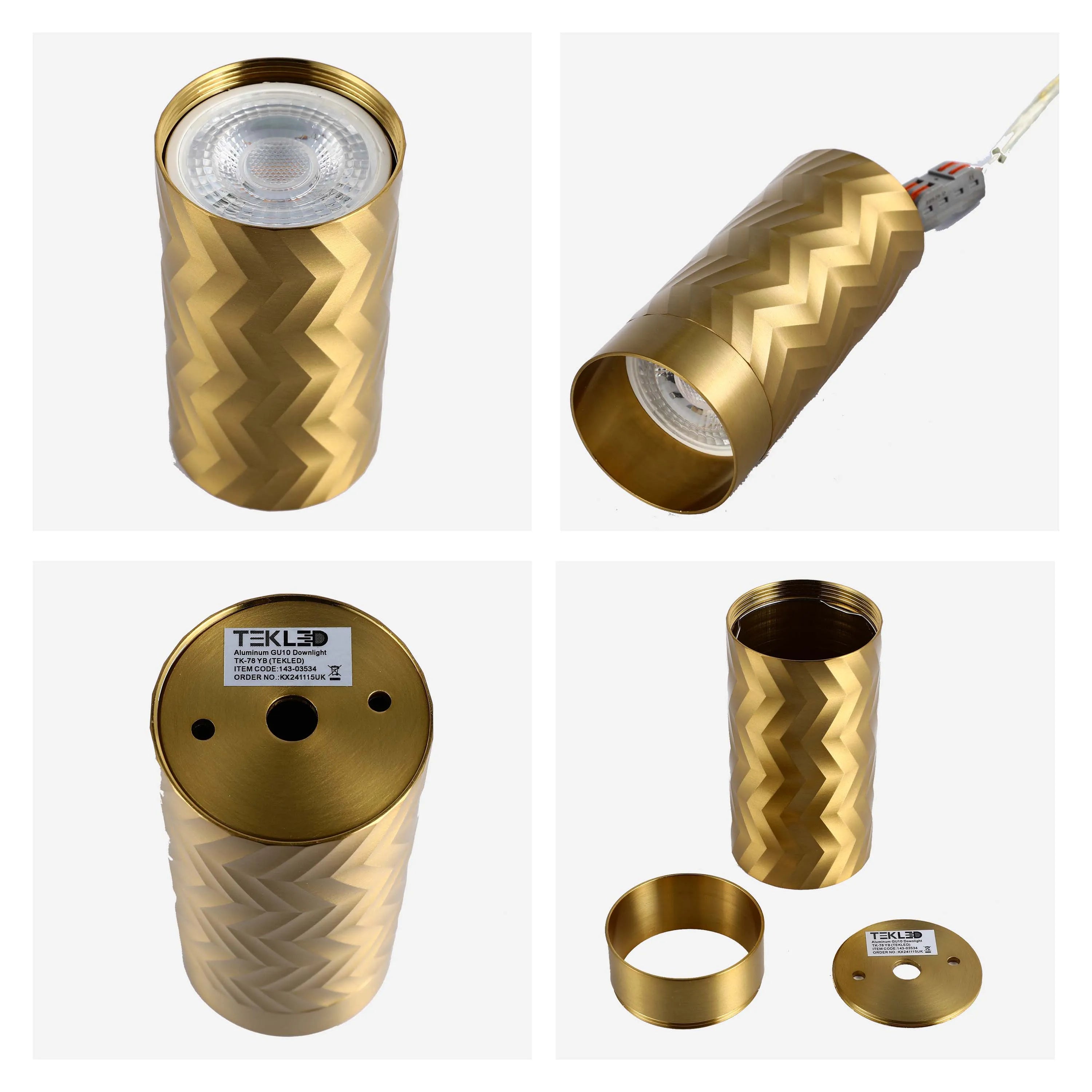 Stylish gold Tekled downlights. Cylindrical, textured design. Adds a touch of modern elegance to any space.