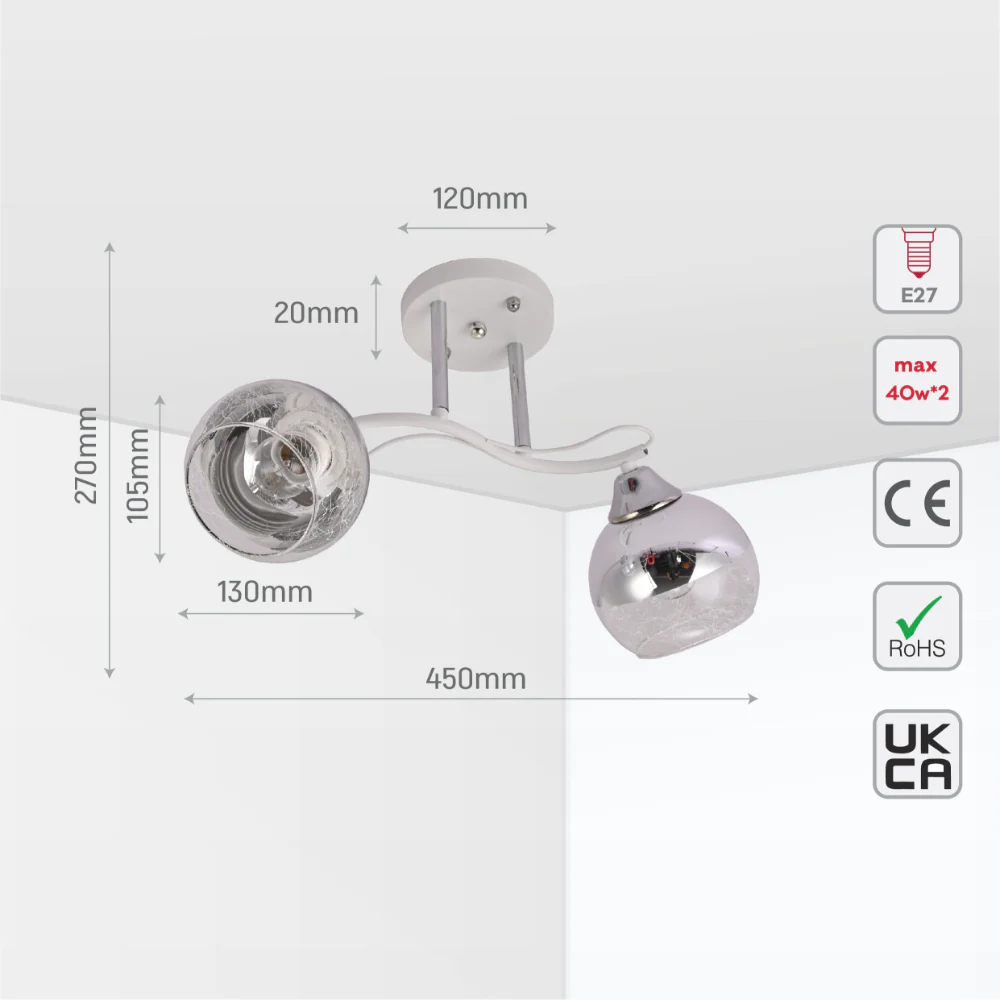 Chrome Metal Partial Mirror Cone Glass Ceiling Light E27 16
