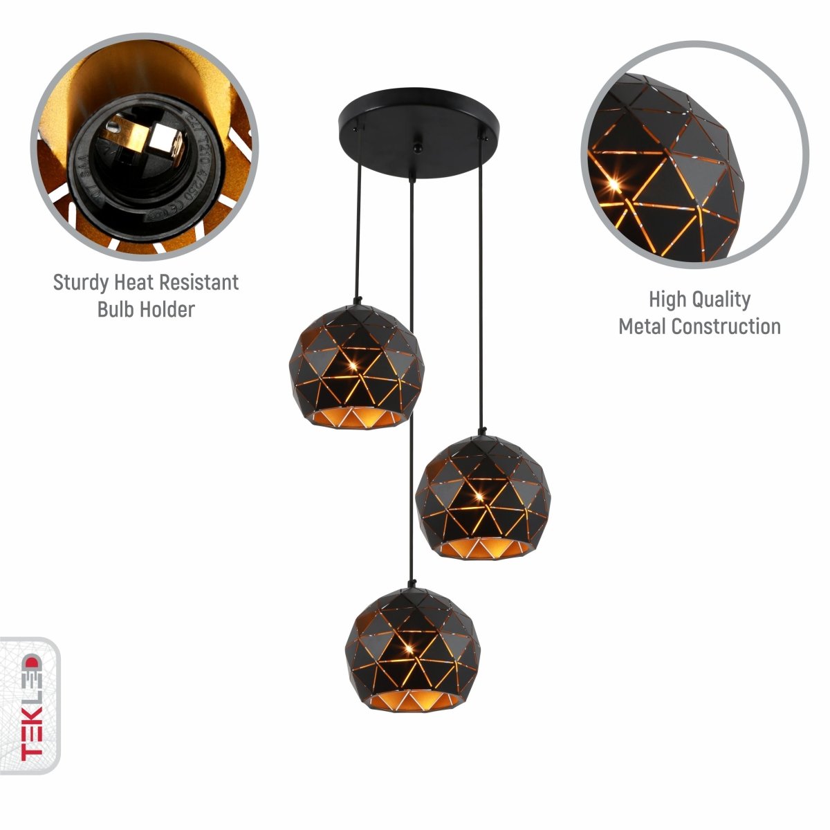 Close up shots of Black Metal Laser Cut Globe Pendant Light with 3xE27 Fitting | TEKLED 150-18256