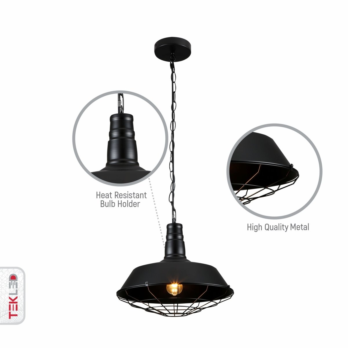Black metal pendant light with chain, featuring a heat-resistant bulb holder and high-quality metal frame.