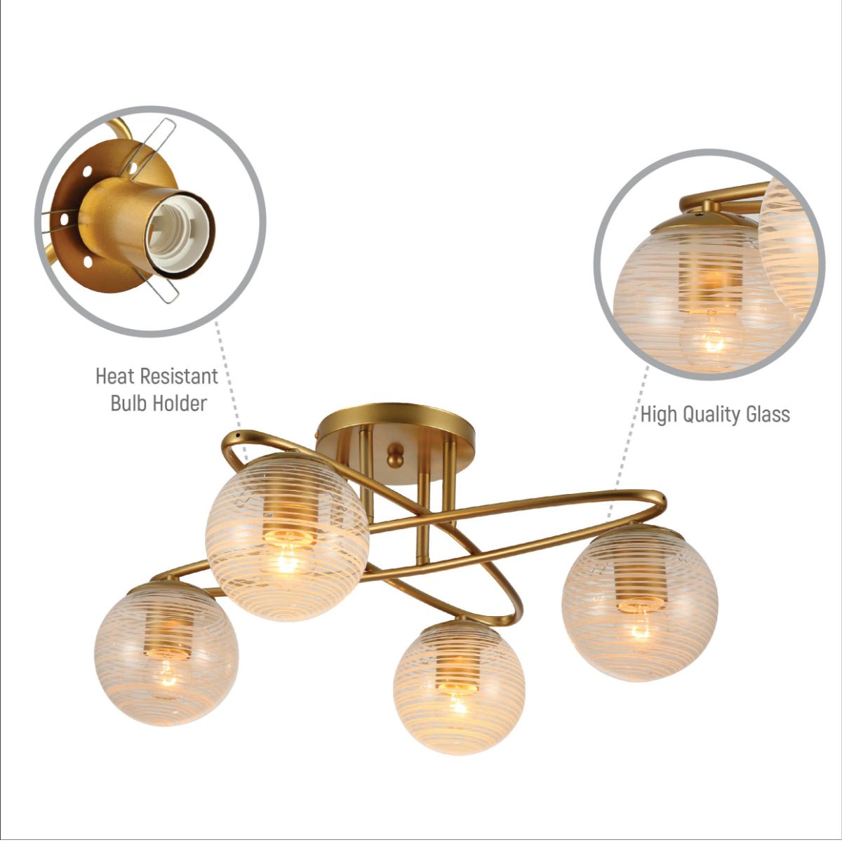 Close up shots of Gold Ellipse Metal Textured Globe Glass Modern Ceiling Light with E27 Fittings | TEKLED 159-17672