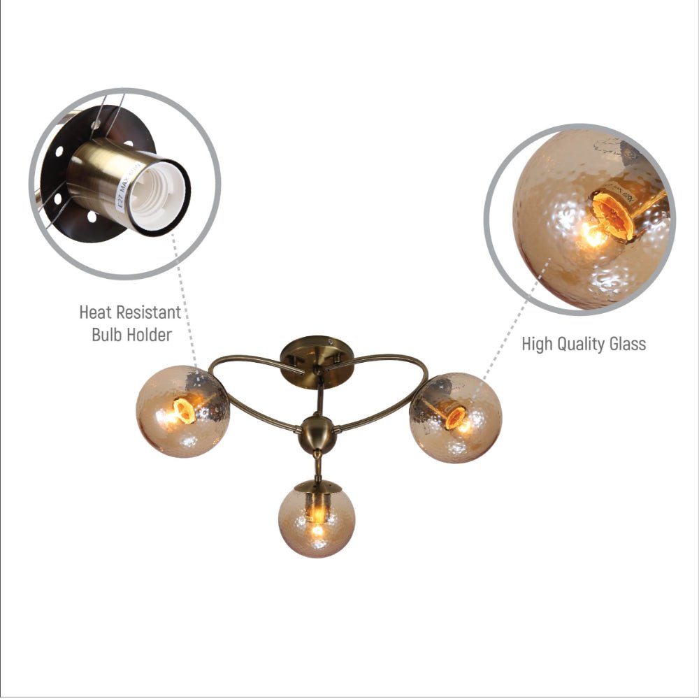 Close up shots of Textured Amber Globe Antique Brass Semi Circle Arm Semi Flush Ceiling Light | TEKLED 159-17756