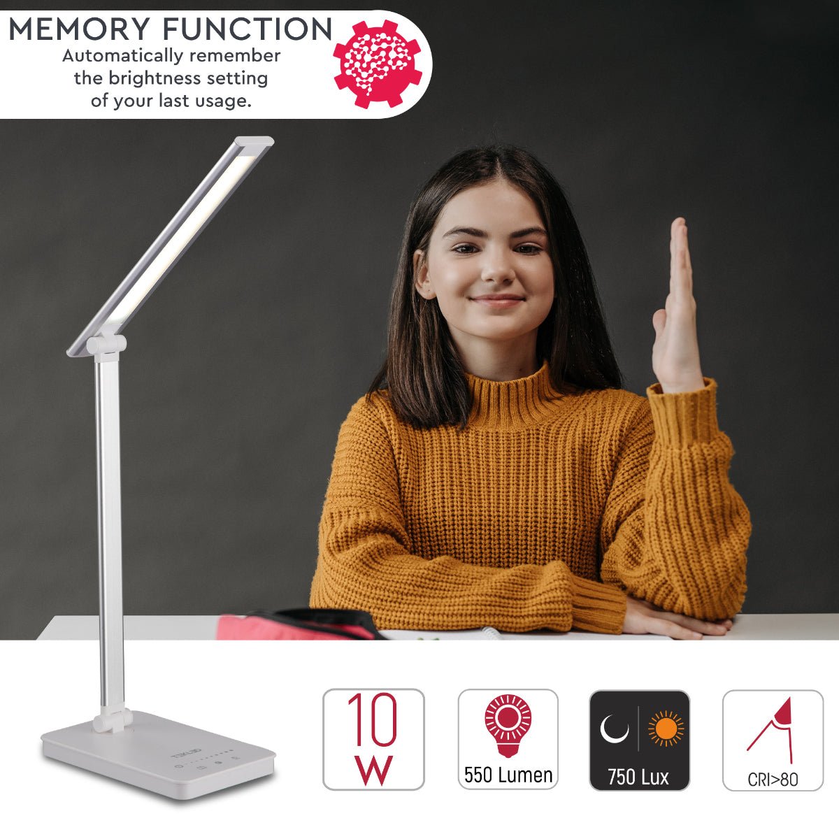 Close up shots of Zingo Silver Desk Light Dimmable and Colour Modes | TEKLED 130-03616