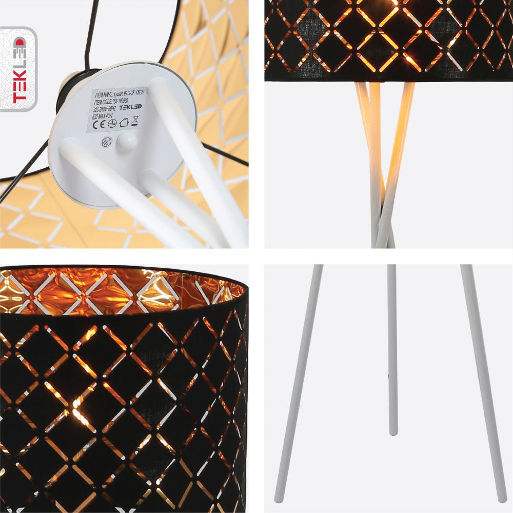 Detailed photo of tripod white drum floor lamp with e27 fitting