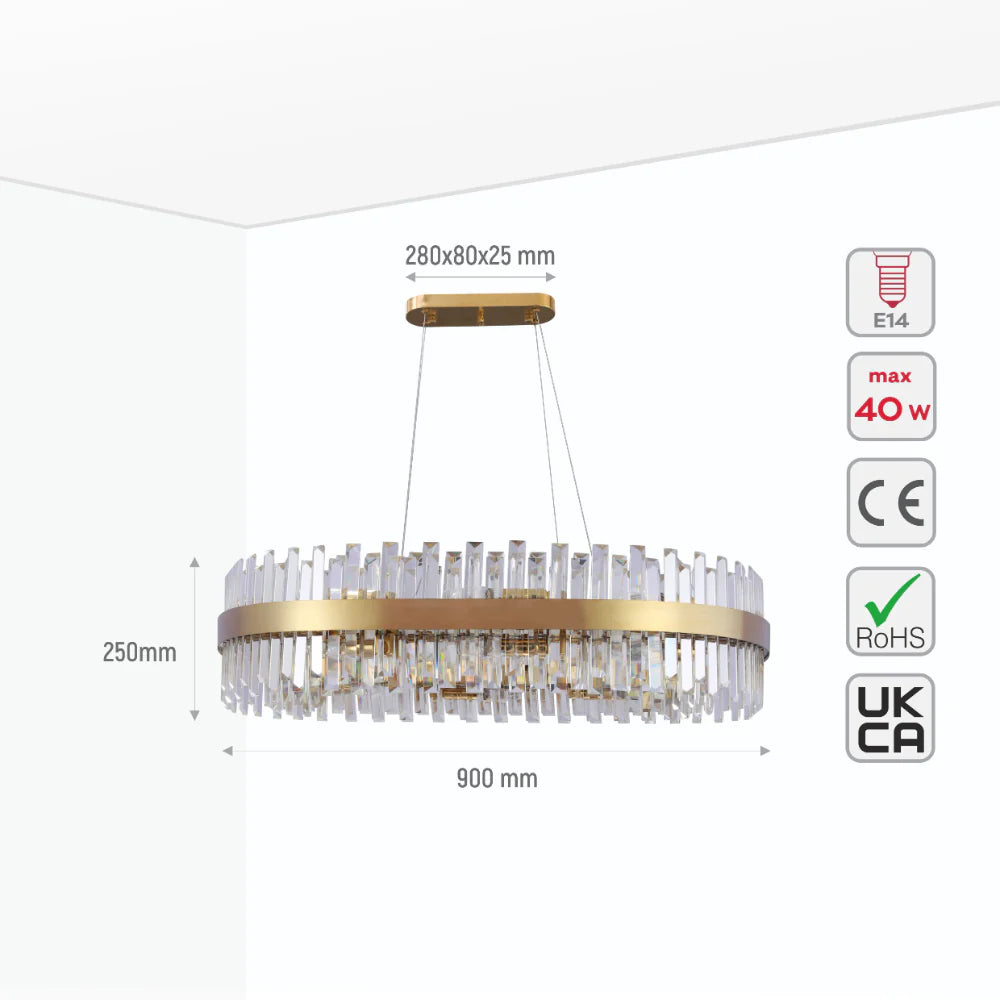 A stylish gold & crystal chandelier. Measurements are displayed, detailing size and specifications.