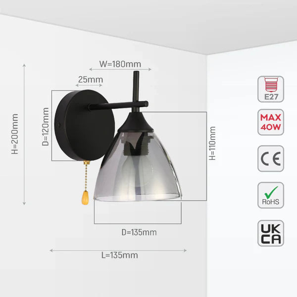 Modern Cone Glass Wall Light E27 with Pull Down Switch