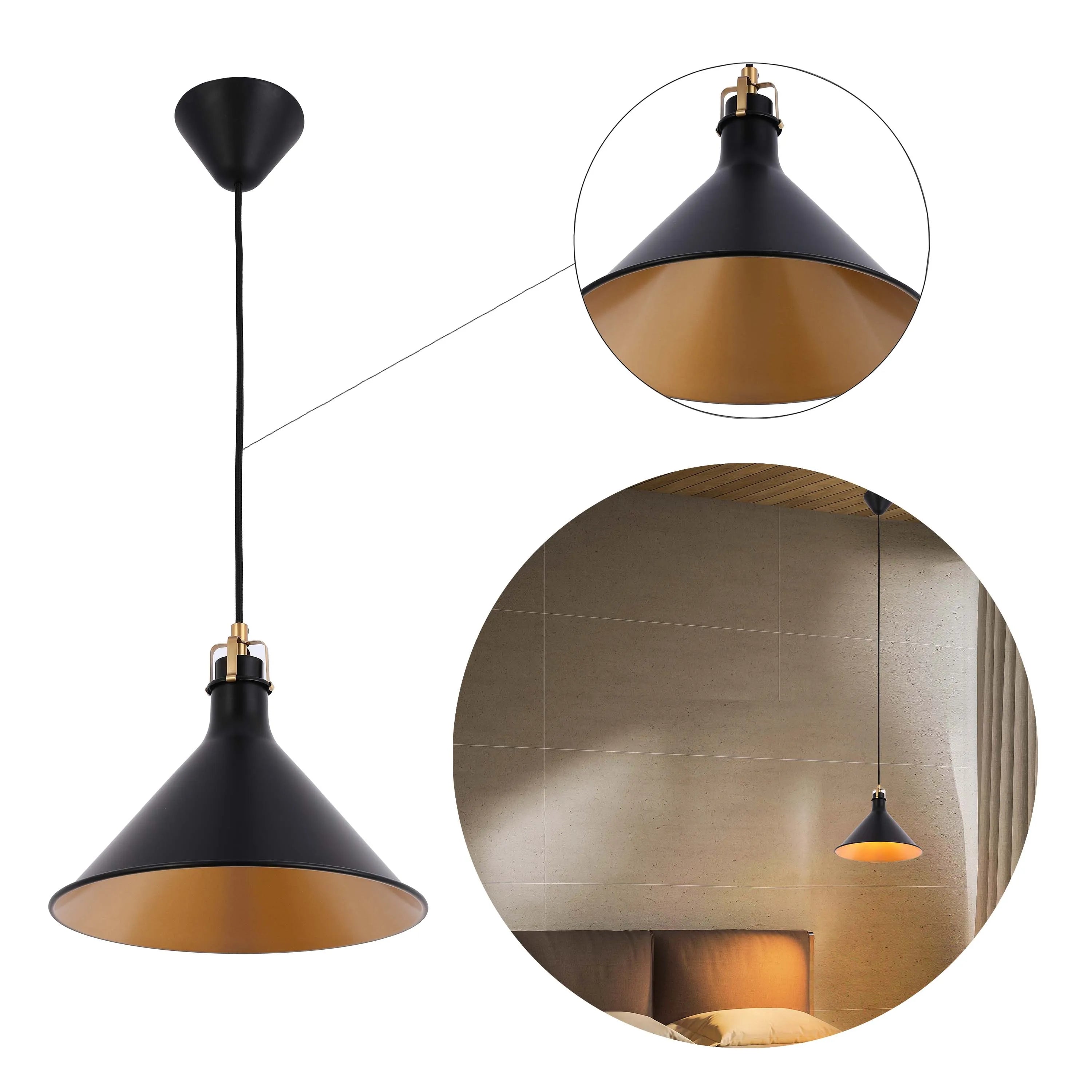 A black and gold hanging pendant light. The interior of the shade is gold and the exterior is black.