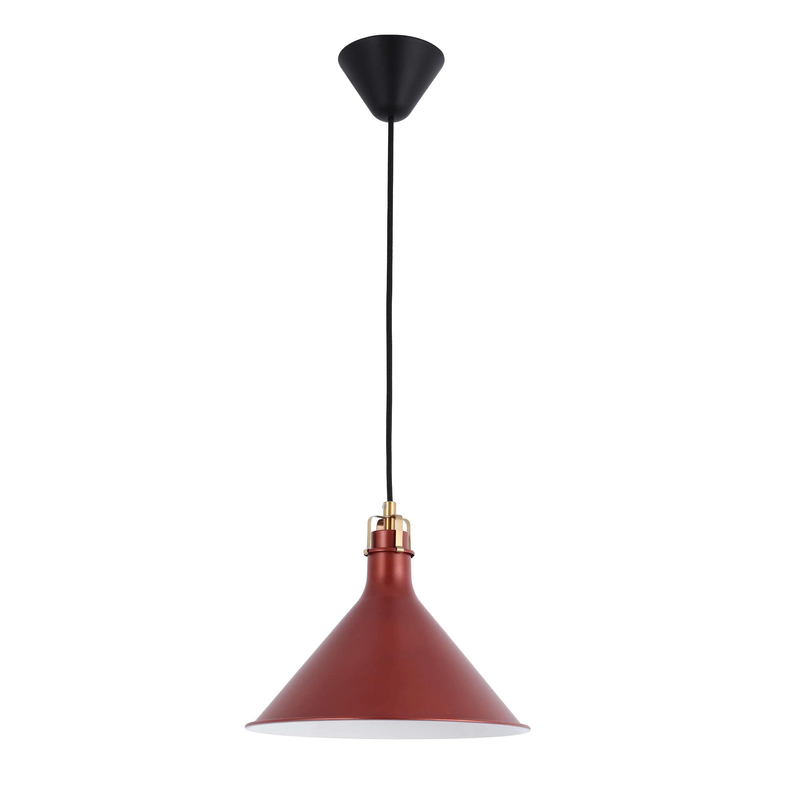 A copper pendant light with a black ceiling rose, suspended on a black cable.