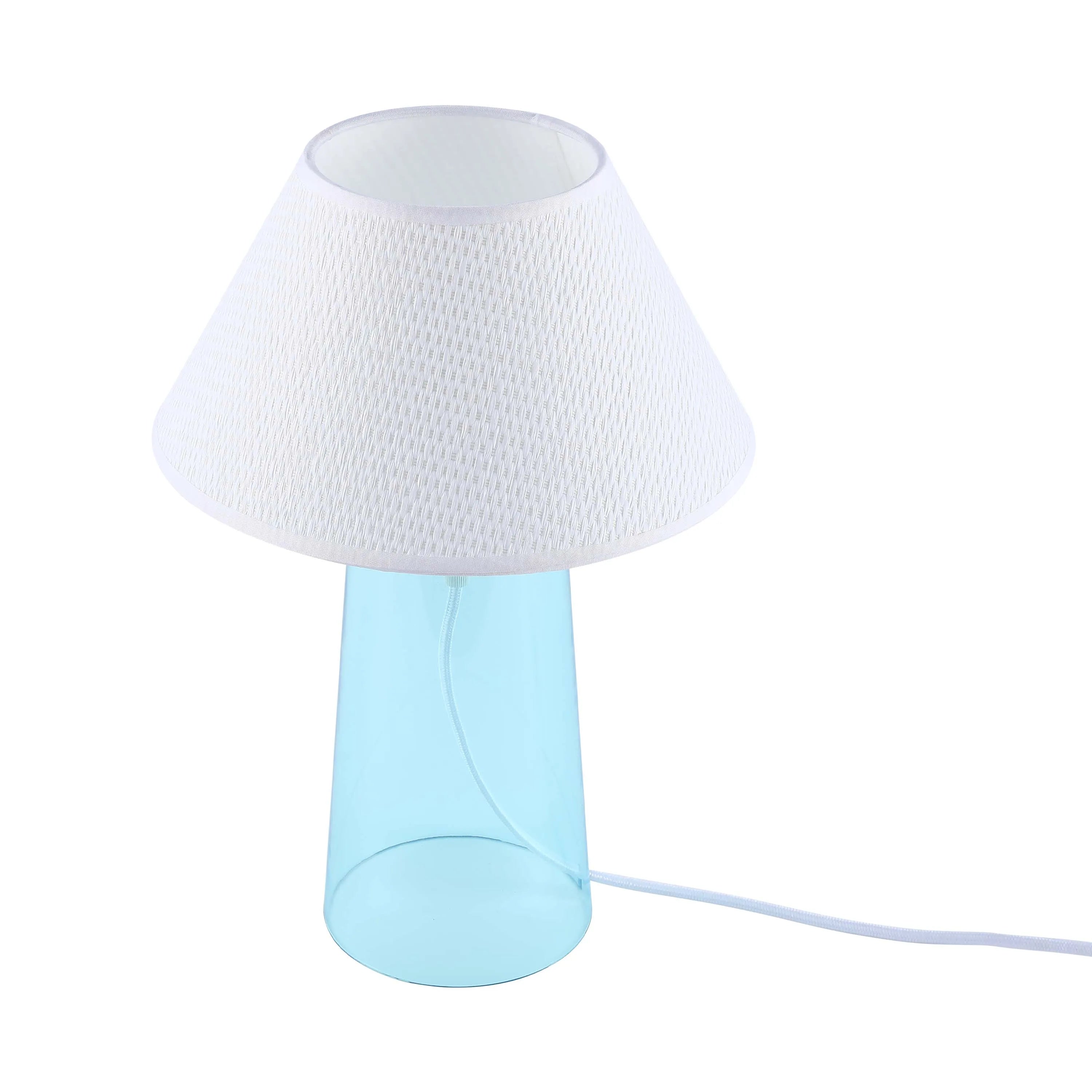 A modern table lamp with a pale blue base and white textured shade, radiating a soft, inviting glow.