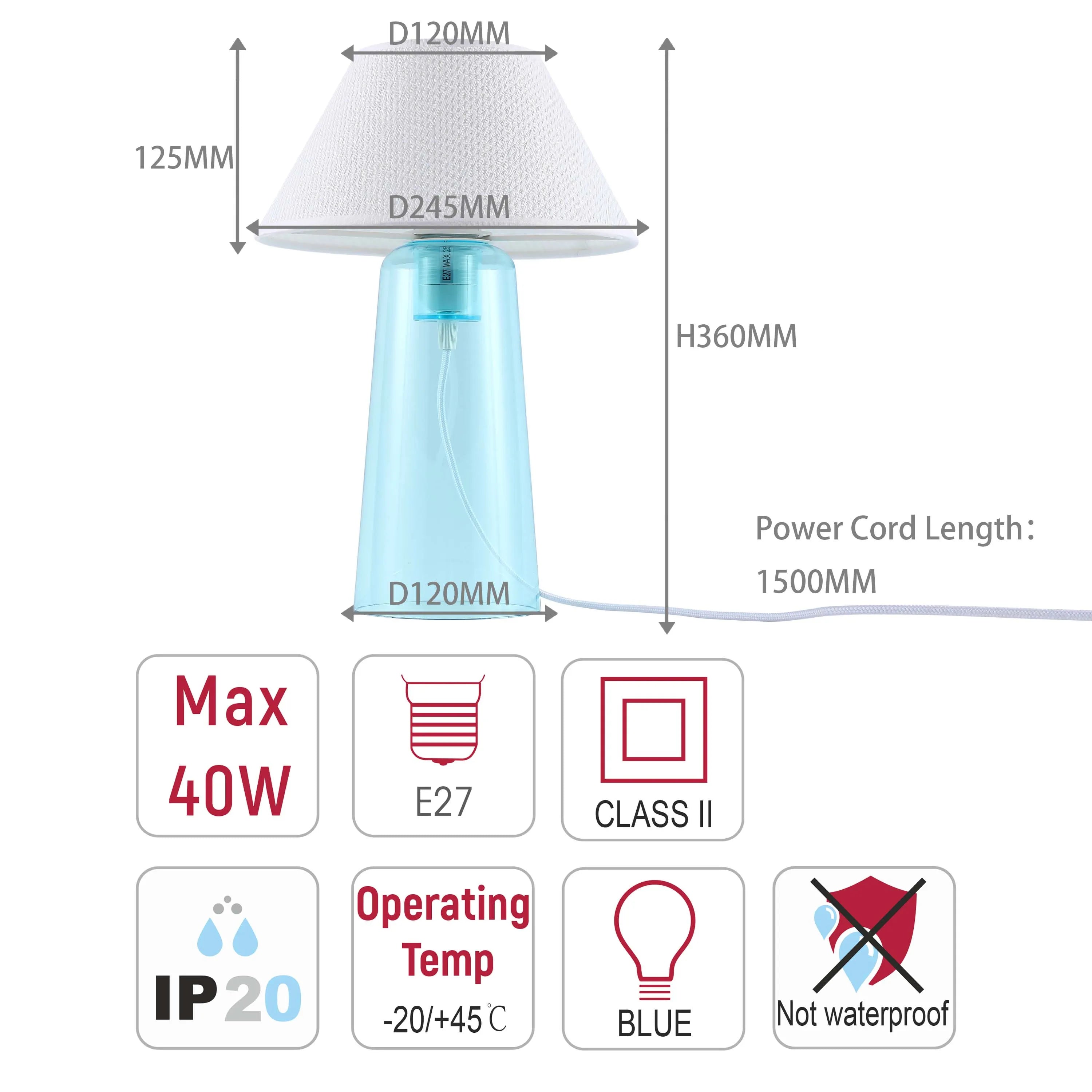 A lamp with a blue base and white lampshade. It requires an E27 bulb, has a 1500mm cord and is not waterproof.