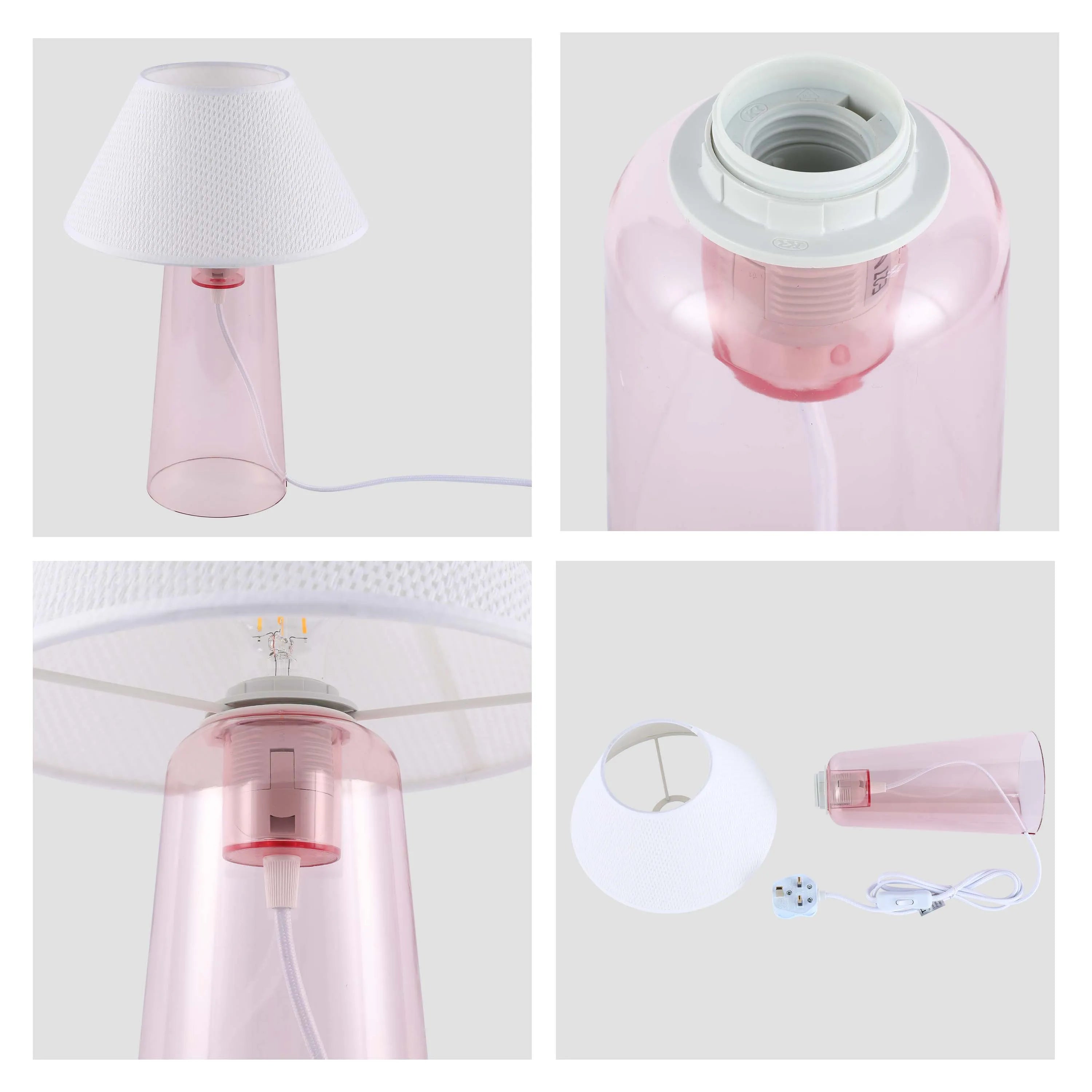 A trendy pink lamp with a white shade, adding a touch of modern elegance to any room.