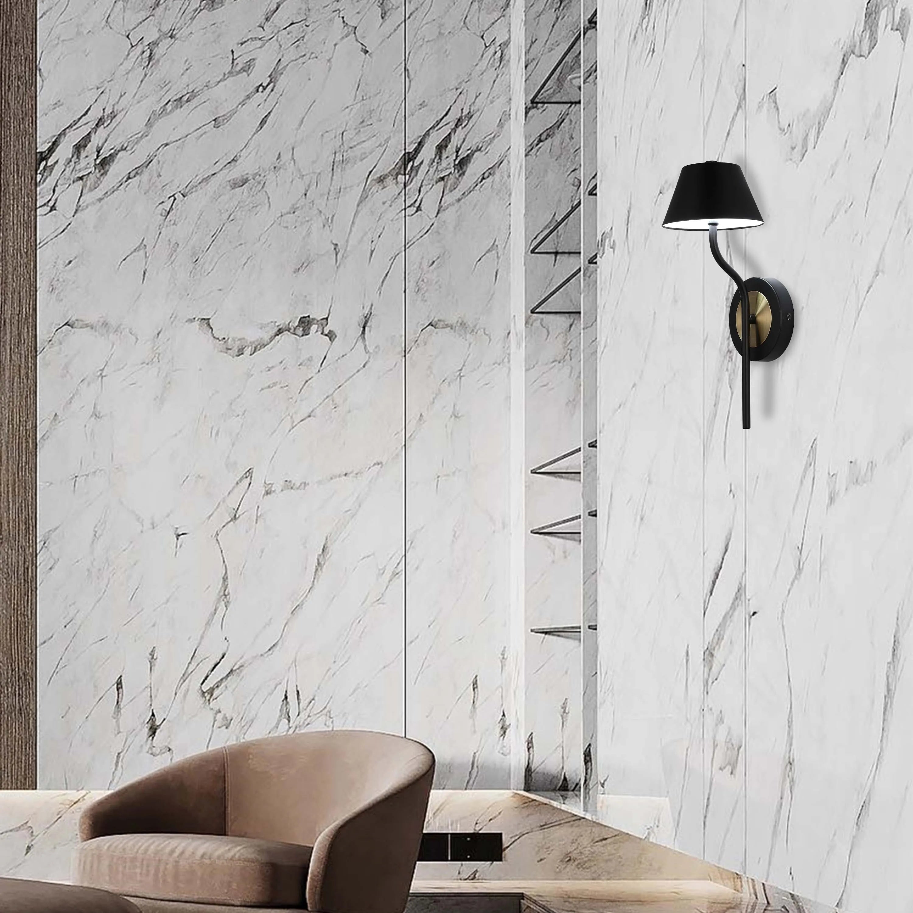 Stylish wall-mounted sconce with a black shade and gold accent, adding a touch of modern elegance to the room's lighting design.