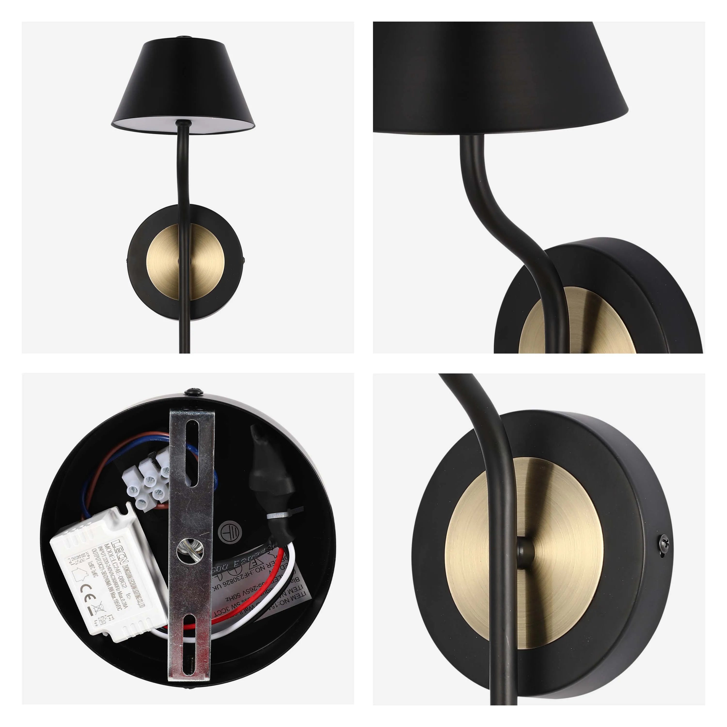 A stylish black and gold wall light with a conical shade, perfect for adding a touch of modern elegance to any room.