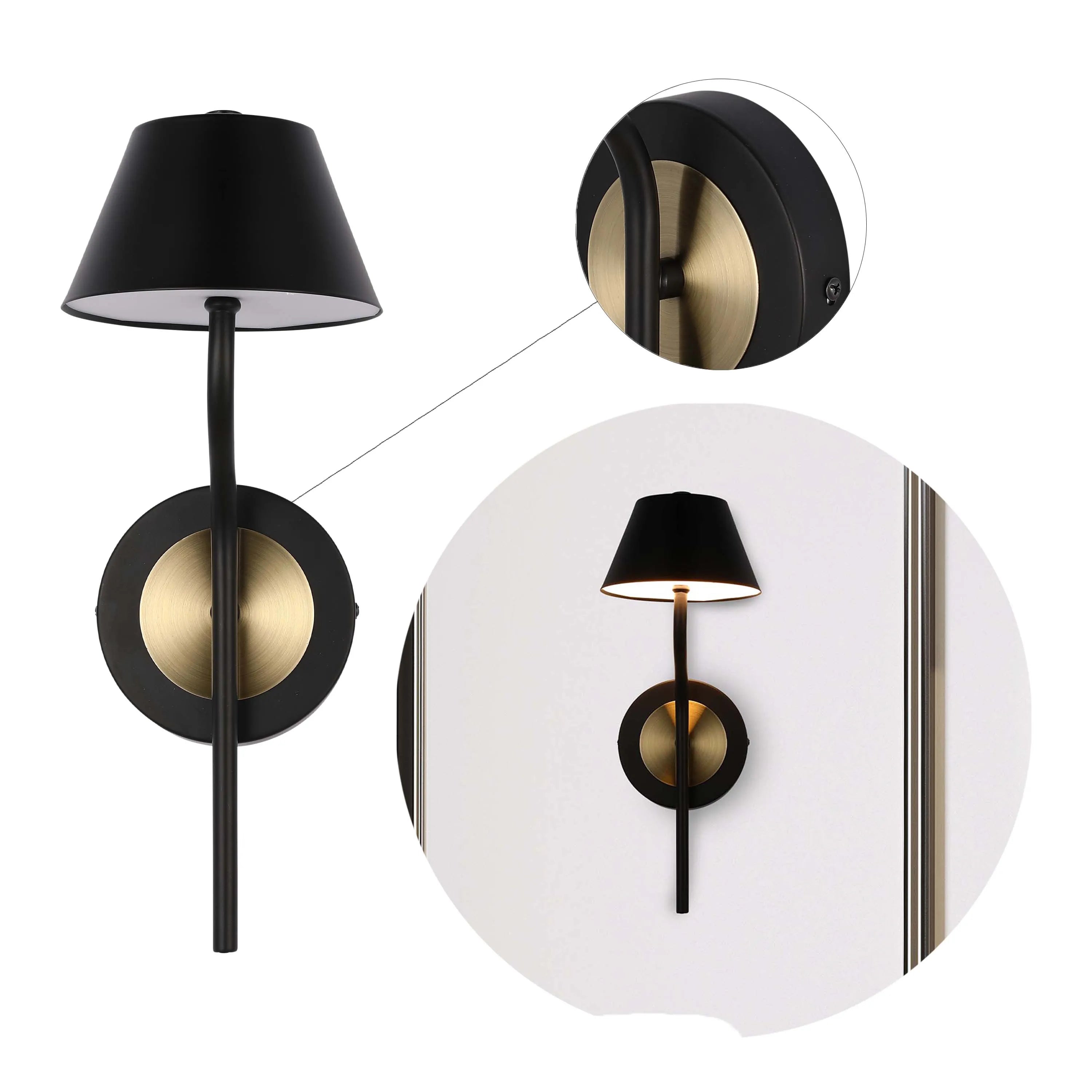Black and gold wall light with a cone-shaped lampshade, shown with a close-up detail and an example installation.