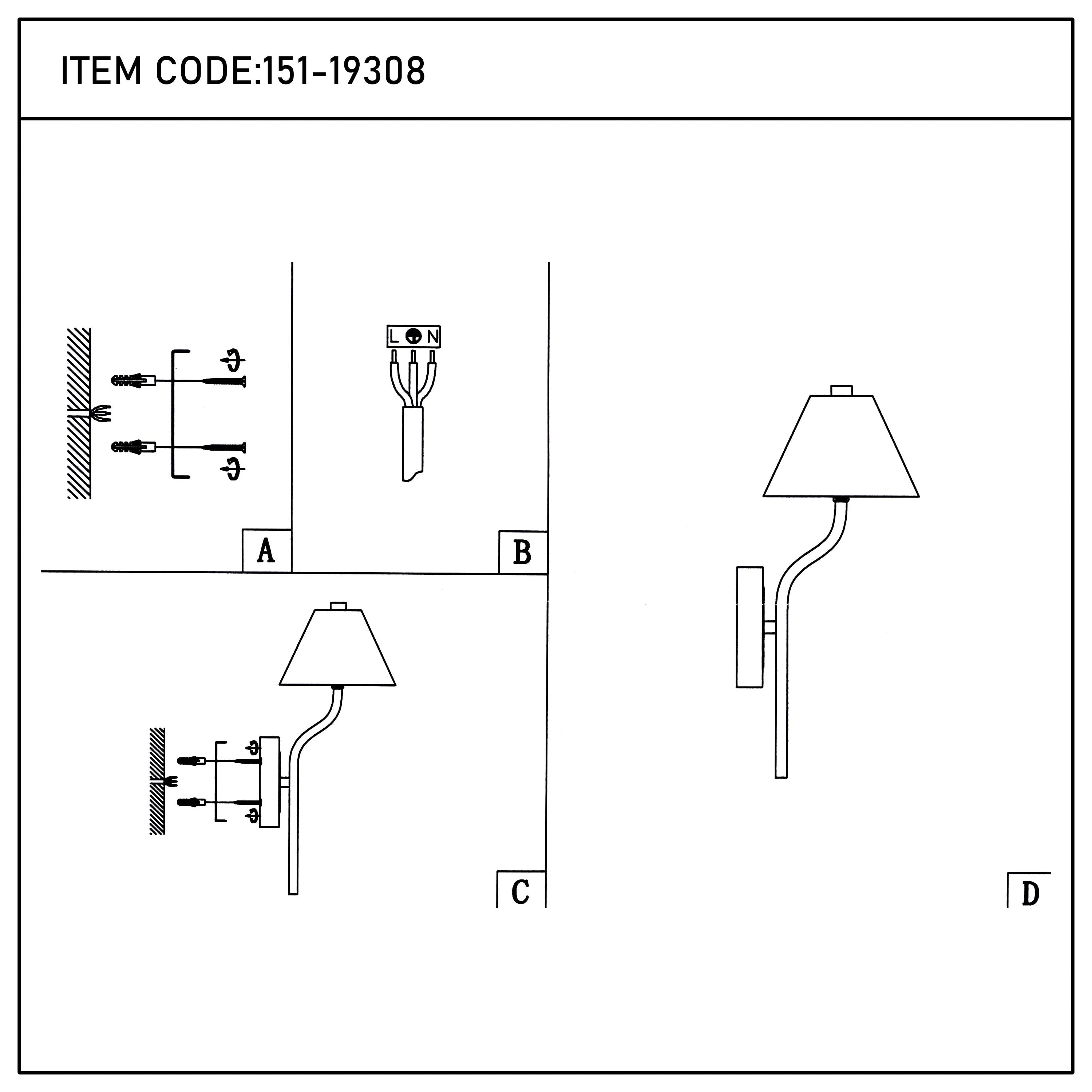 Instructions show wiring, mounting & the completed wall light. Item code: 151-19308.