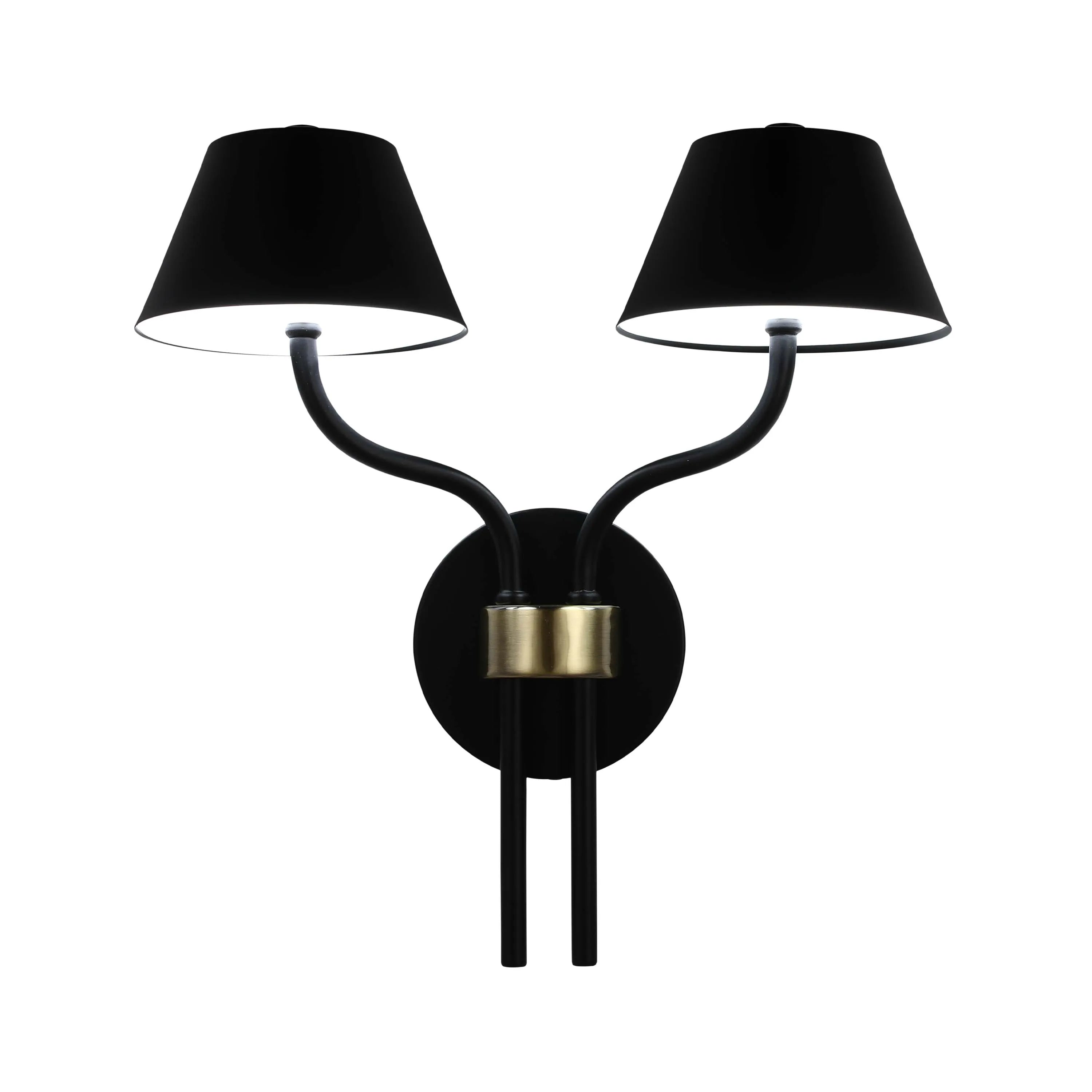 A stylish black and gold double wall light fixture with conical shades. It provides a warm and inviting ambience.