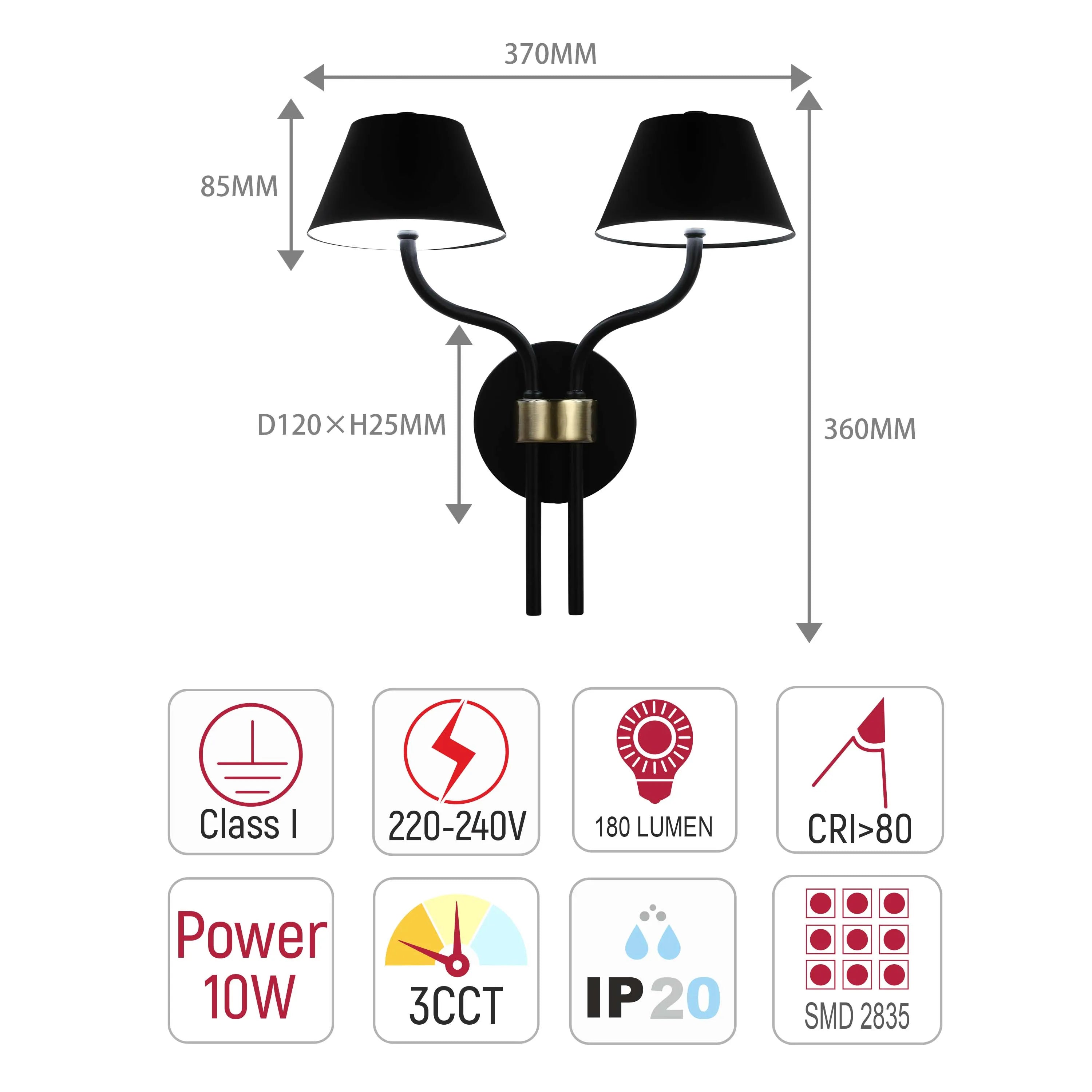 Wall light with black shades, showcasing dimensions, power (10W), 180 lumens, and IP20 rating.