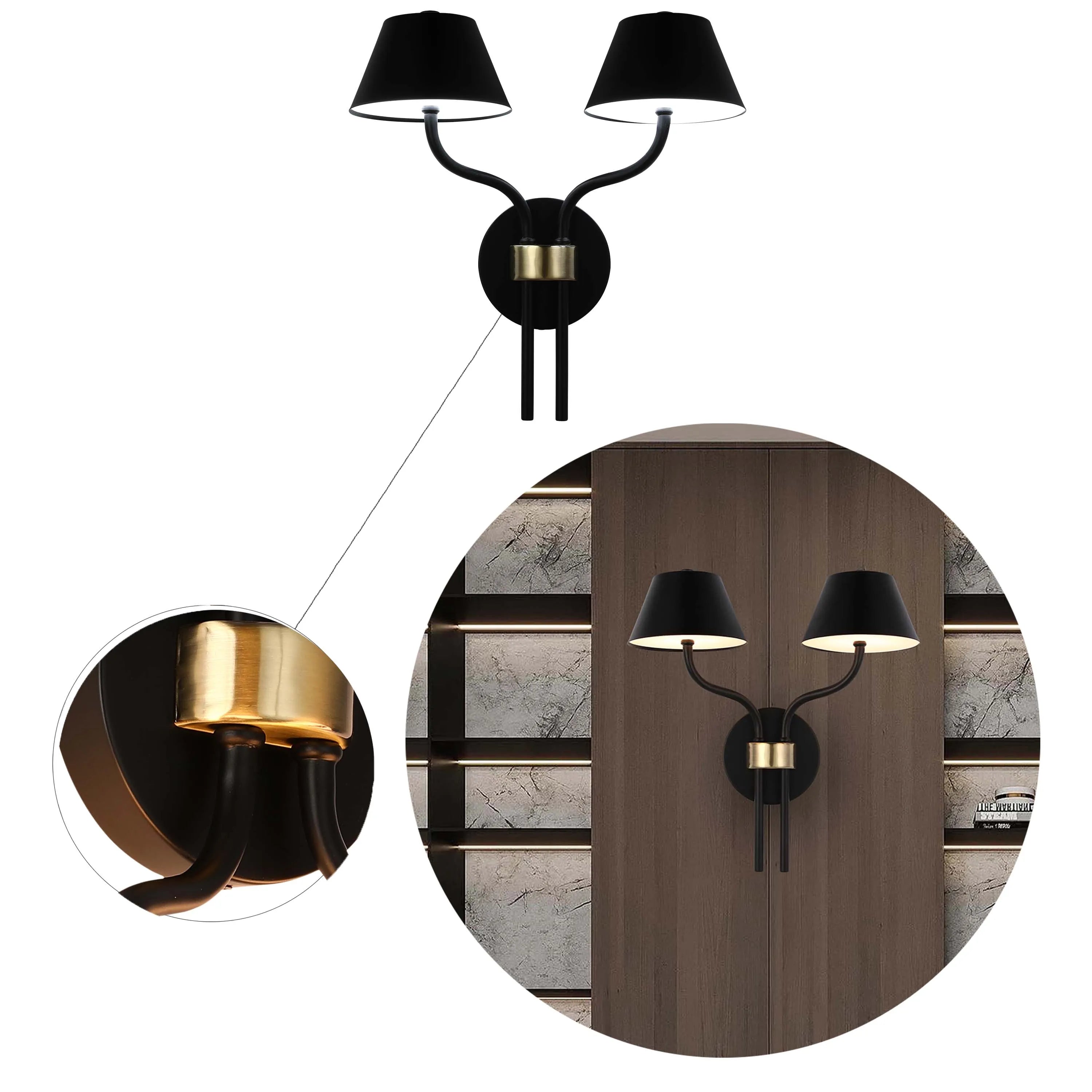 A modern two-light wall sconce with black shades and a brass fixture, providing a stylish, ambient glow.