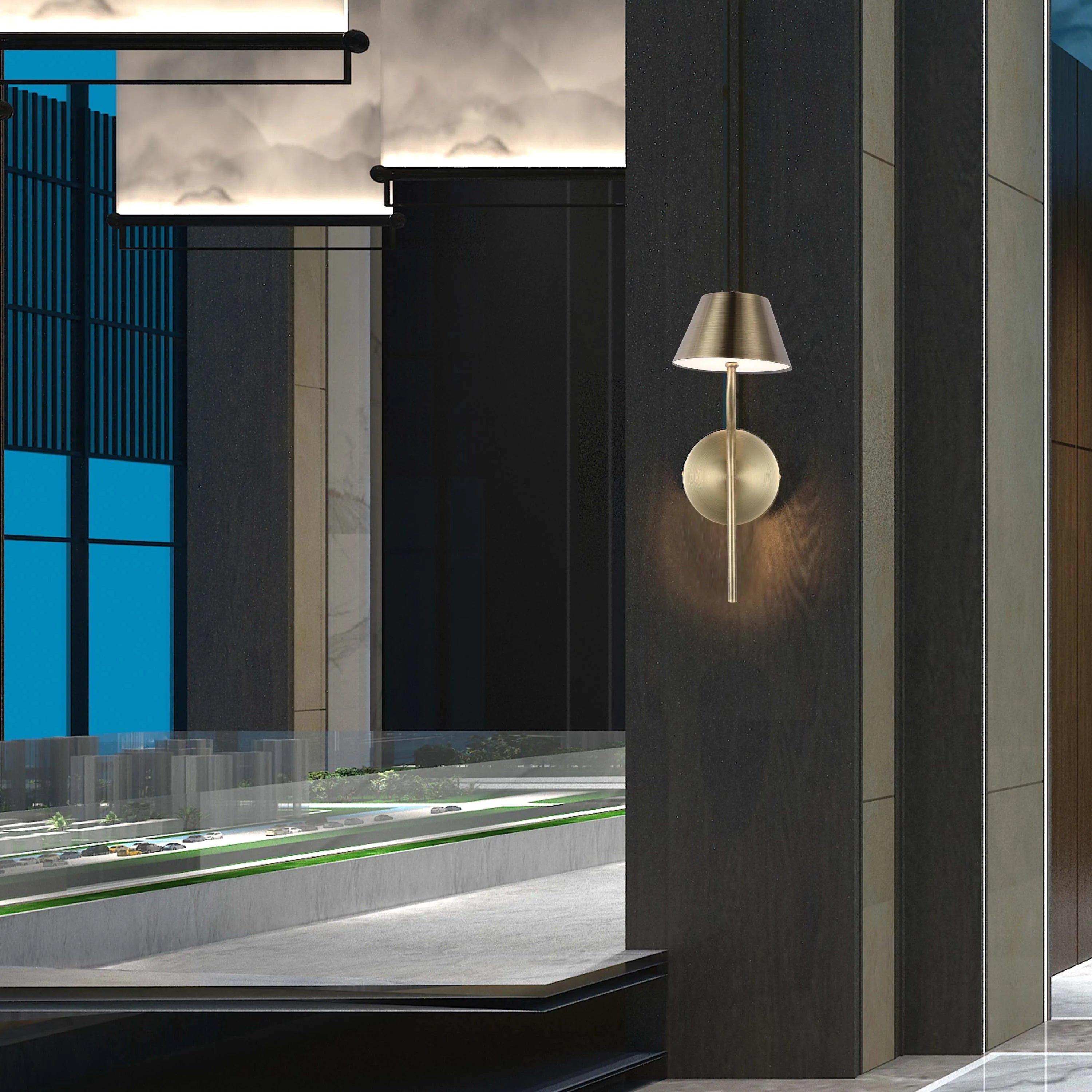 A gold wall lamp with a cone shade provides ambient lighting. Overhead, illuminated panels cast a soft, diffuse glow.