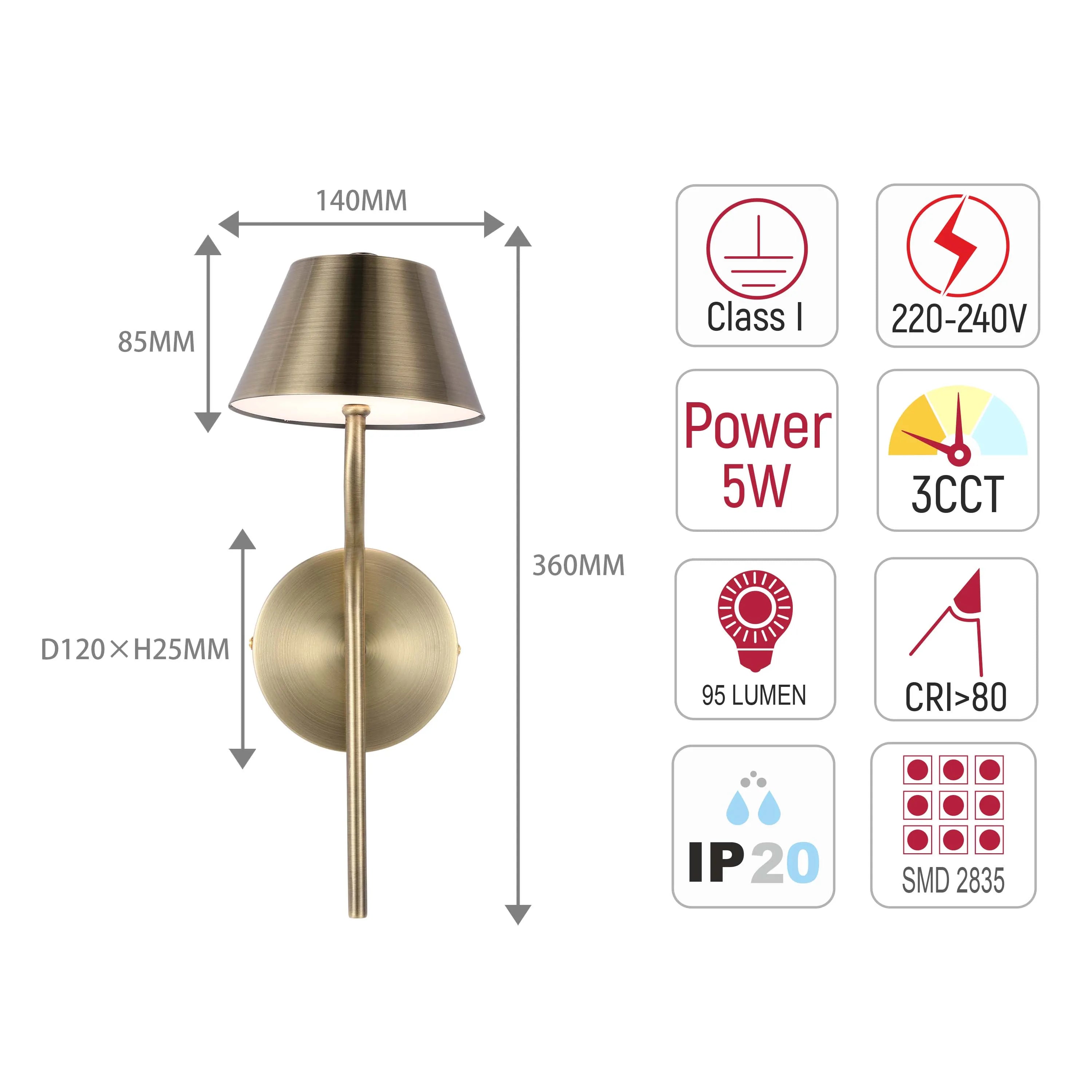 Antique brass wall light with lampshade and details of product specifications/measurements shown.