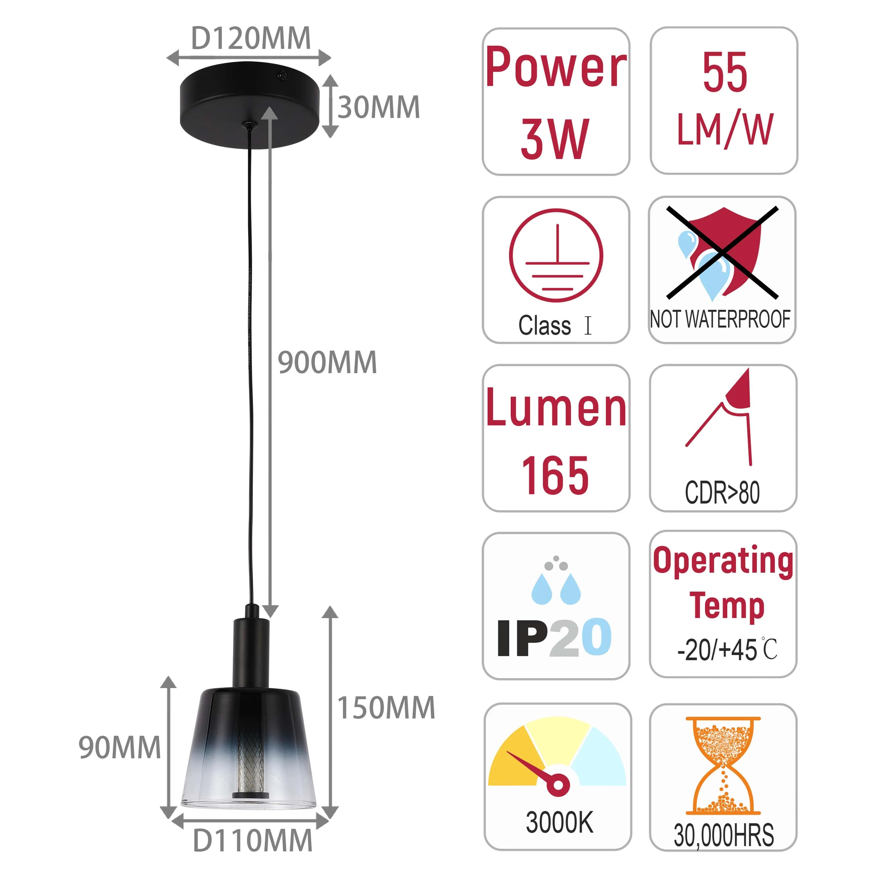 Contemporary pendant light with technical specifications: 3W, 55LM/W, 165 lumen, IP20, Class I and dimensions shown.