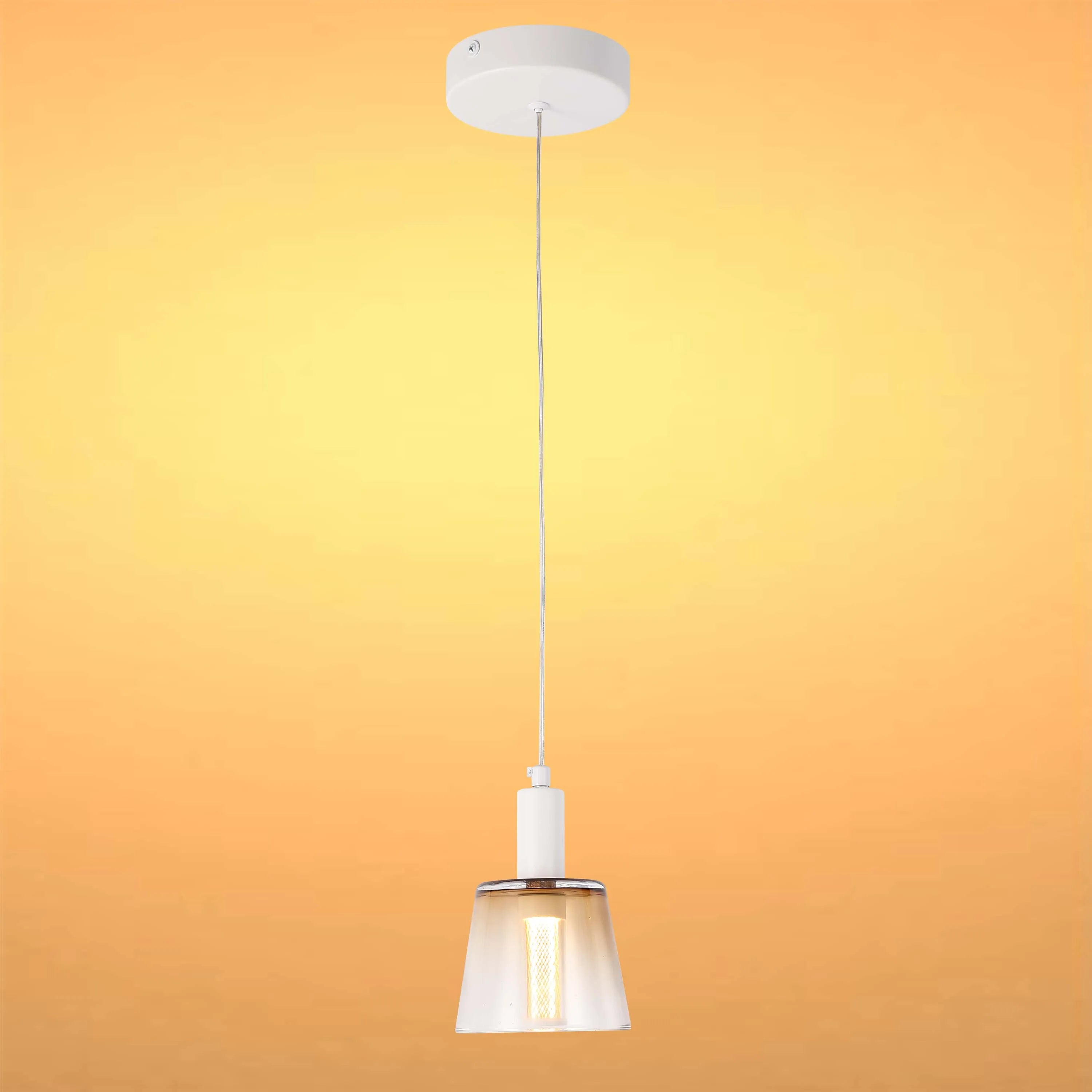 A modern pendant light fixture with a smoked glass shade and white fitting, suspended by a silver cable against a warm gradient backdrop.