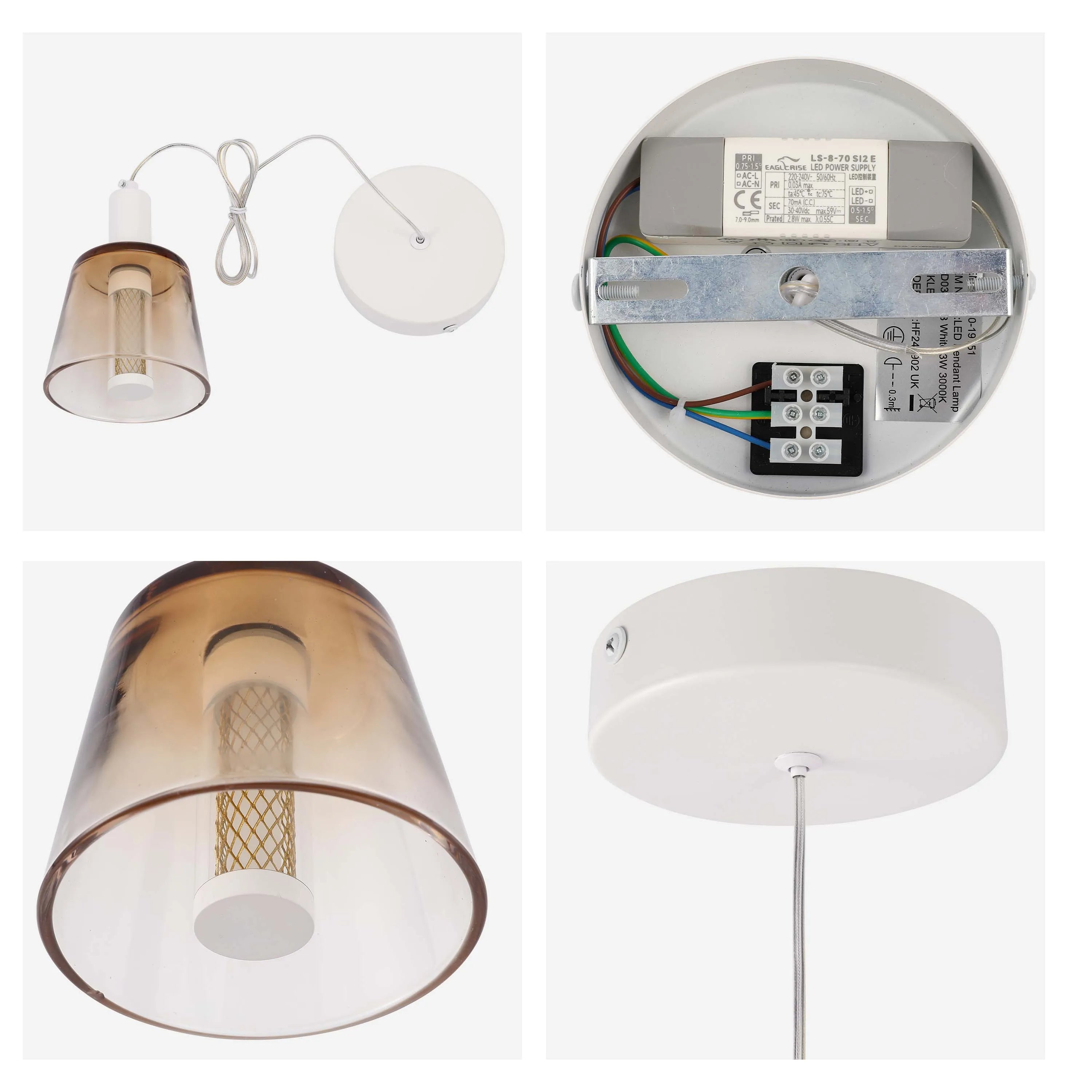 Pendant light with smoky glass shade and a white ceiling rose. Stylish modern design. Creates a warm, ambient glow.