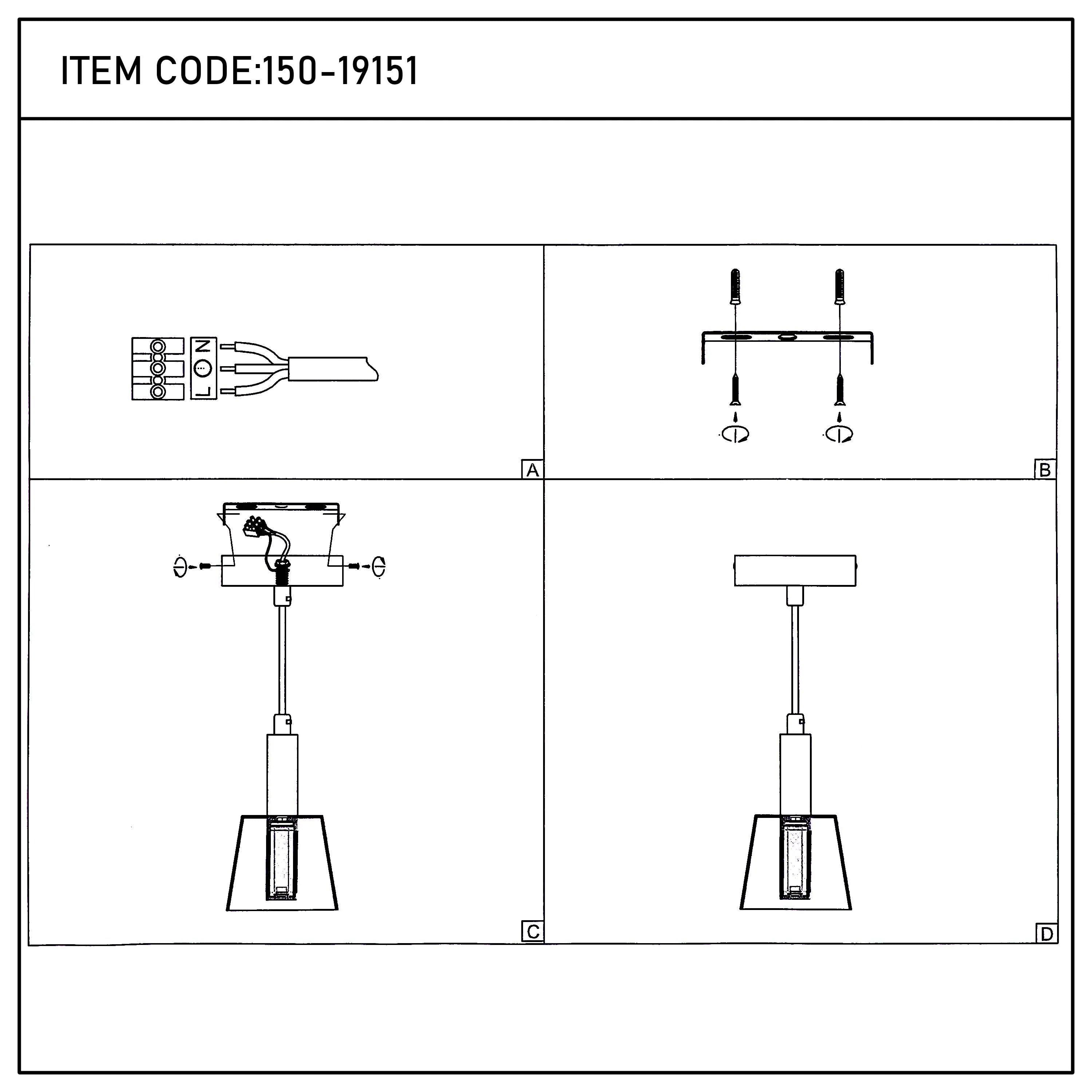 Technical drawings show how to assemble this pendant lighting fixture. Line drawings with steps A, B, C, and D.